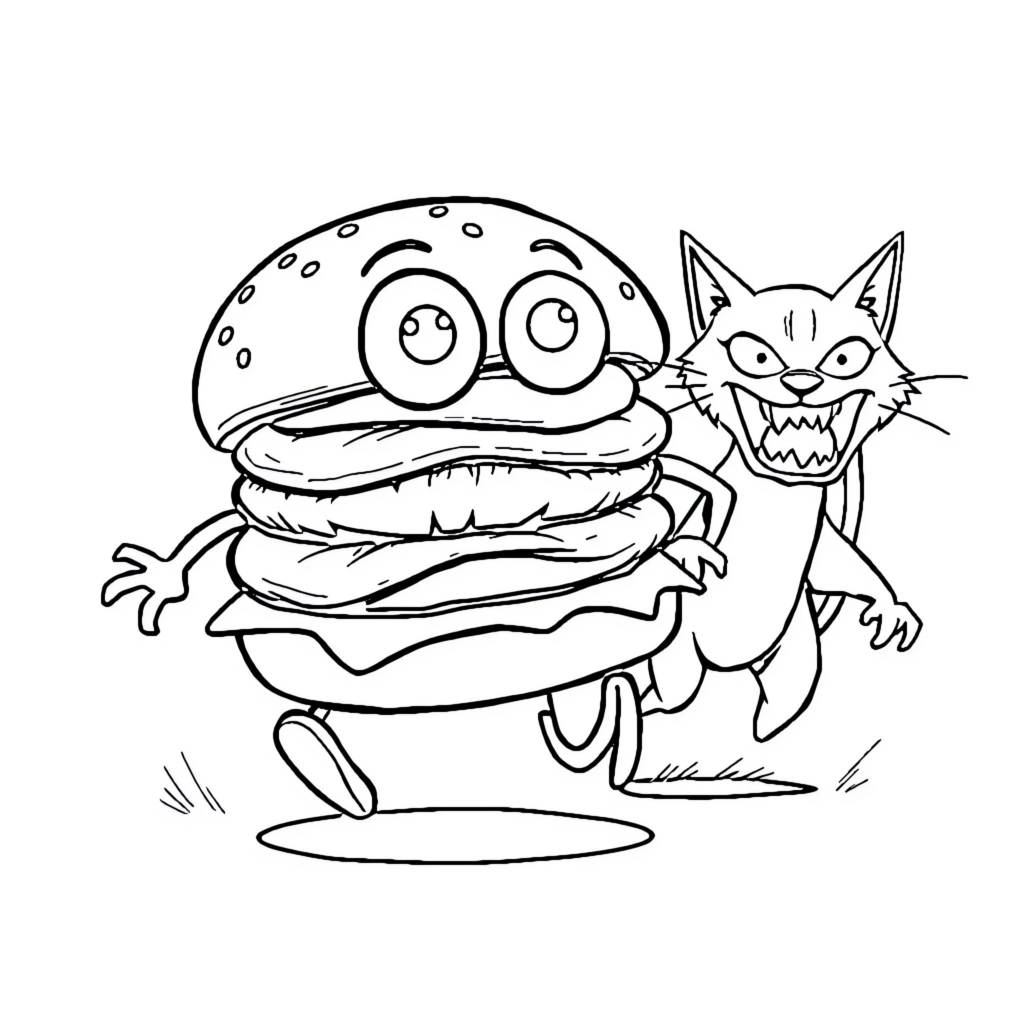 Hamburger chased by a hungry cat Coloring Page (free black-and-white line drawing printable PDF for all, from beginners to advanced learners, including children, teens, adults, and seniors)