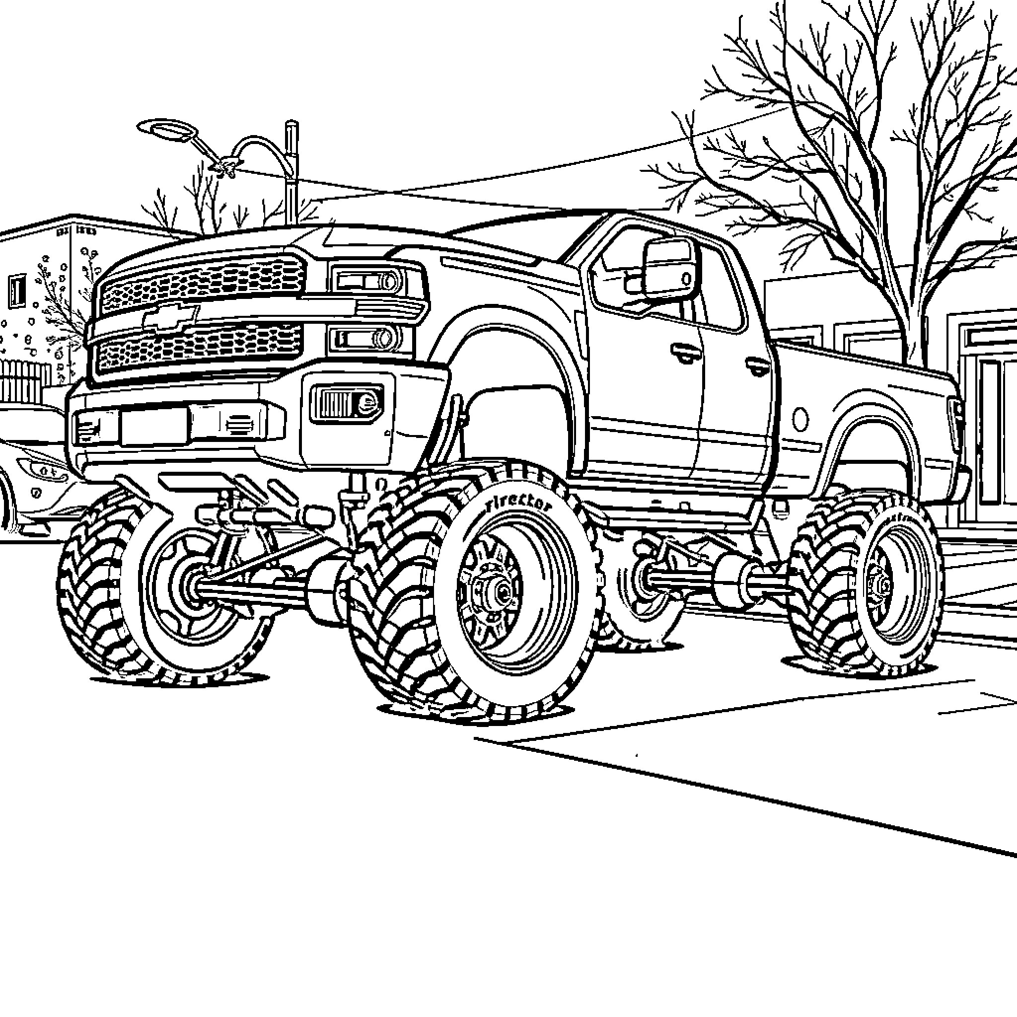 Truck with Large Off-Road Tires in Urban Setting Coloring Page (free black-and-white line drawing printable PDF for all, from beginners to advanced learners, including children, teens, adults, and seniors)