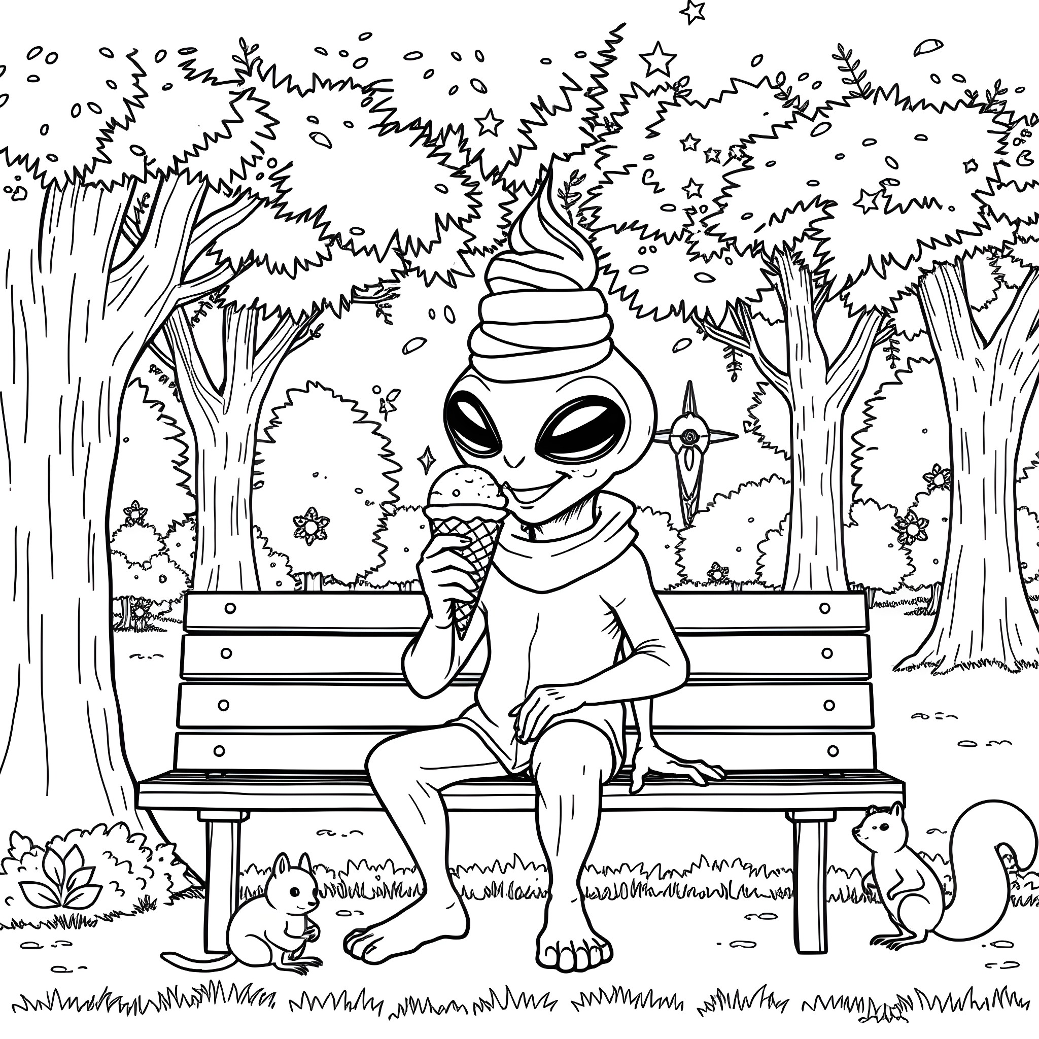Roger enjoys an ice cream cone in the park Coloring Page (free black-and-white line drawing printable PDF for all, from beginners to advanced learners, including children, teens, adults, and seniors)