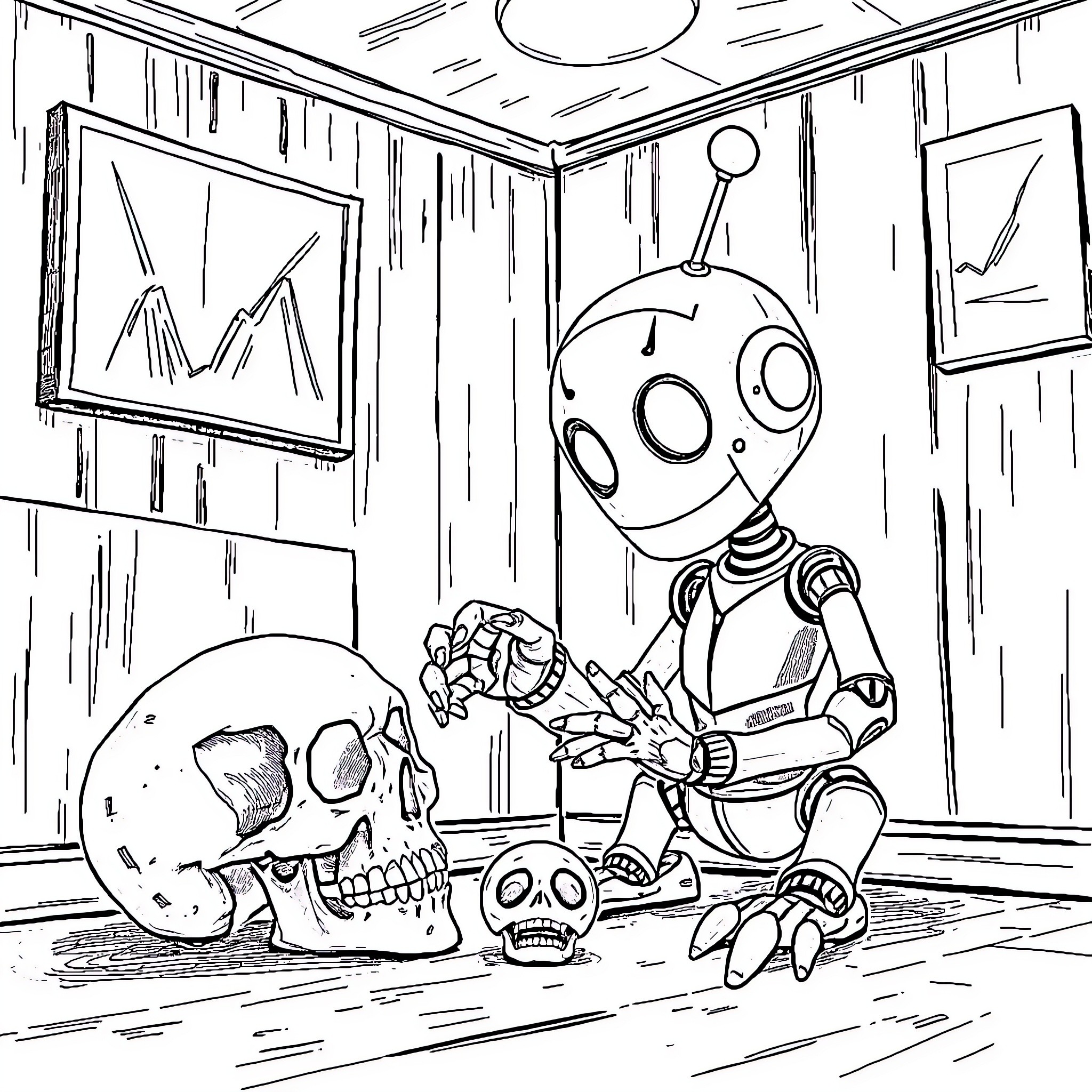 Robot examining mysterious artifacts in a dark room Coloring Page (free black-and-white line drawing printable PDF for all, from beginners to advanced learners, including children, teens, adults, and seniors)