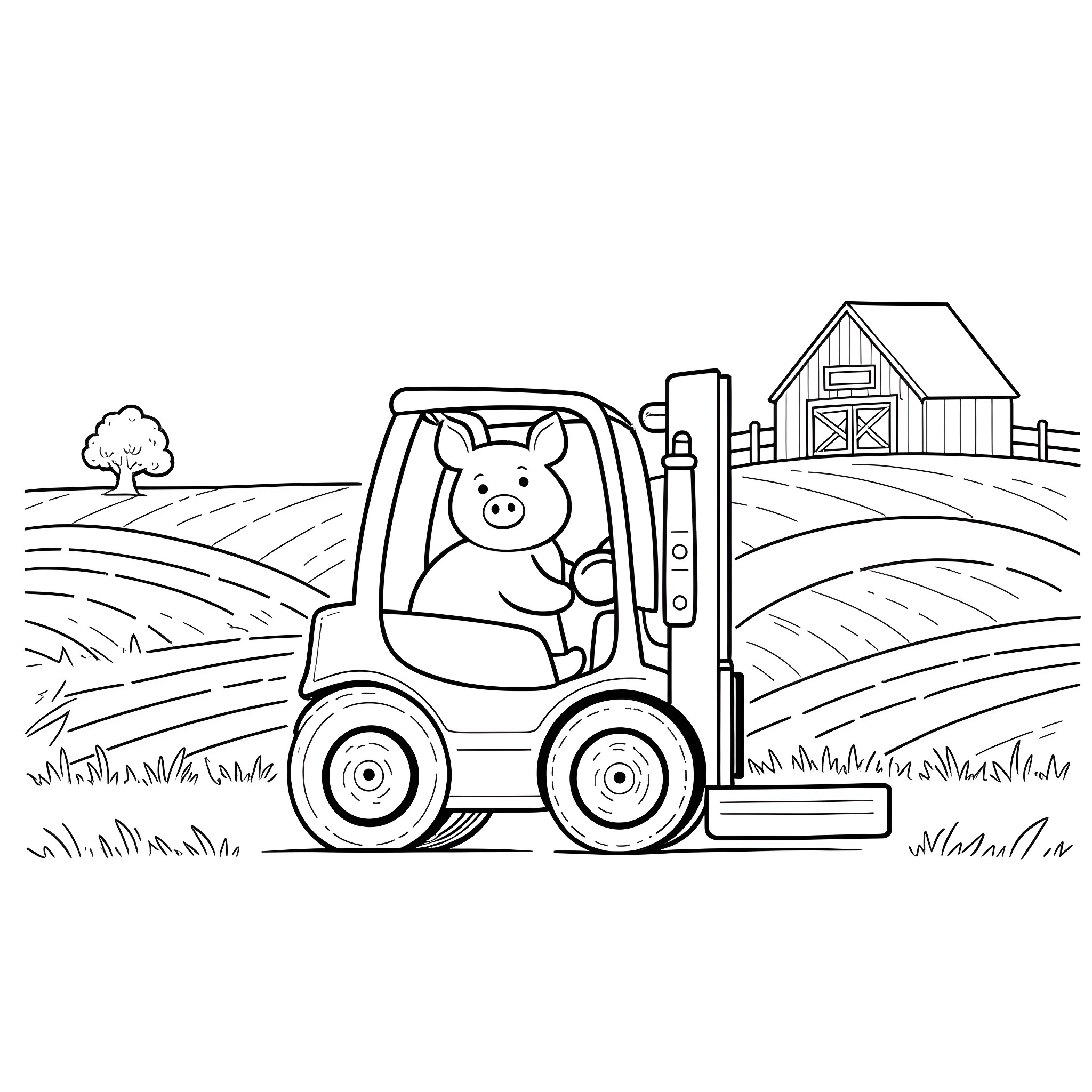 Pig driving a forklift on the farm Coloring Page (free black-and-white line drawing printable PDF for all, from beginners to advanced learners, including children, teens, adults, and seniors)