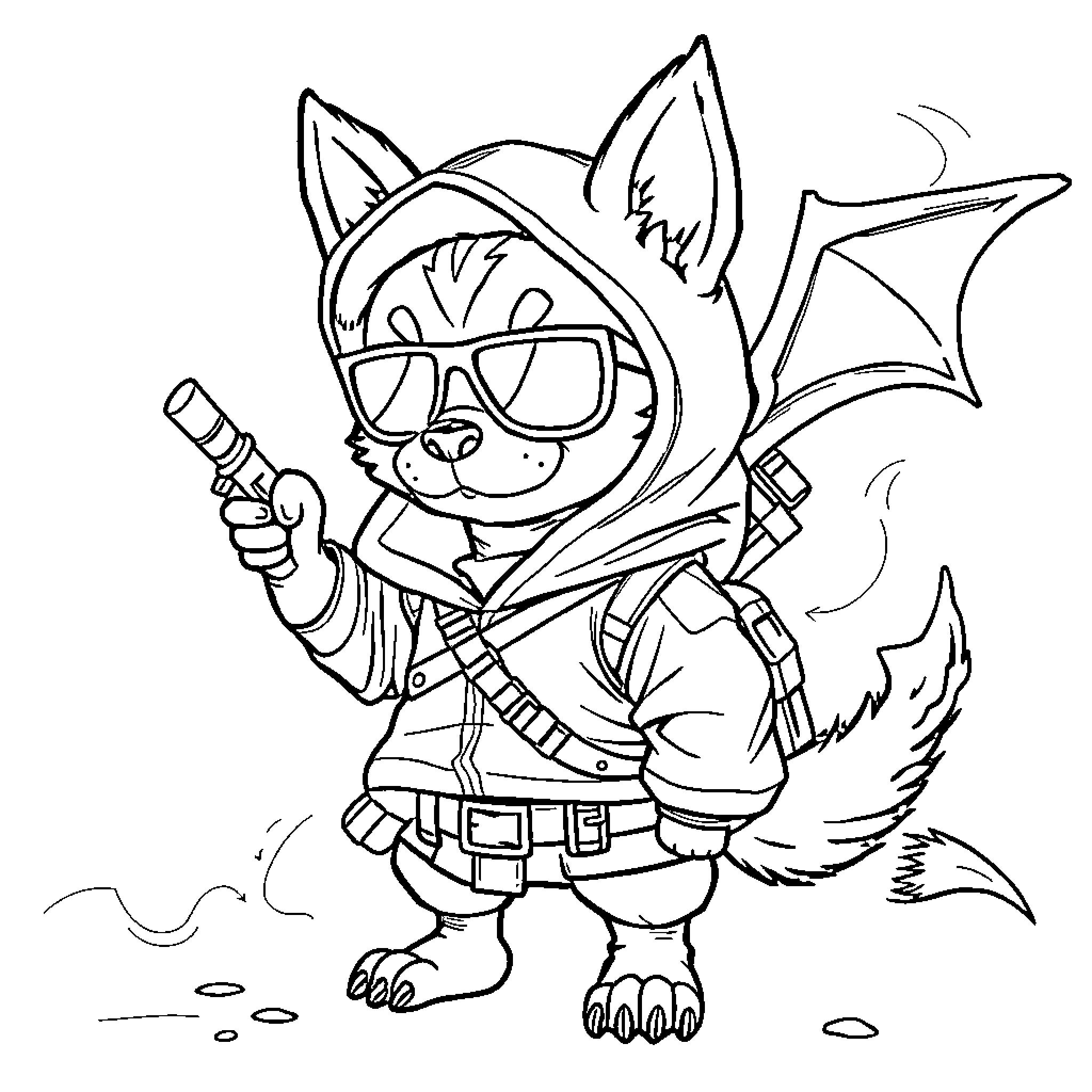 Dog in cool spy outfit with gadgets Coloring Page (free black-and-white line drawing printable PDF for all, from beginners to advanced learners, including children, teens, adults, and seniors)