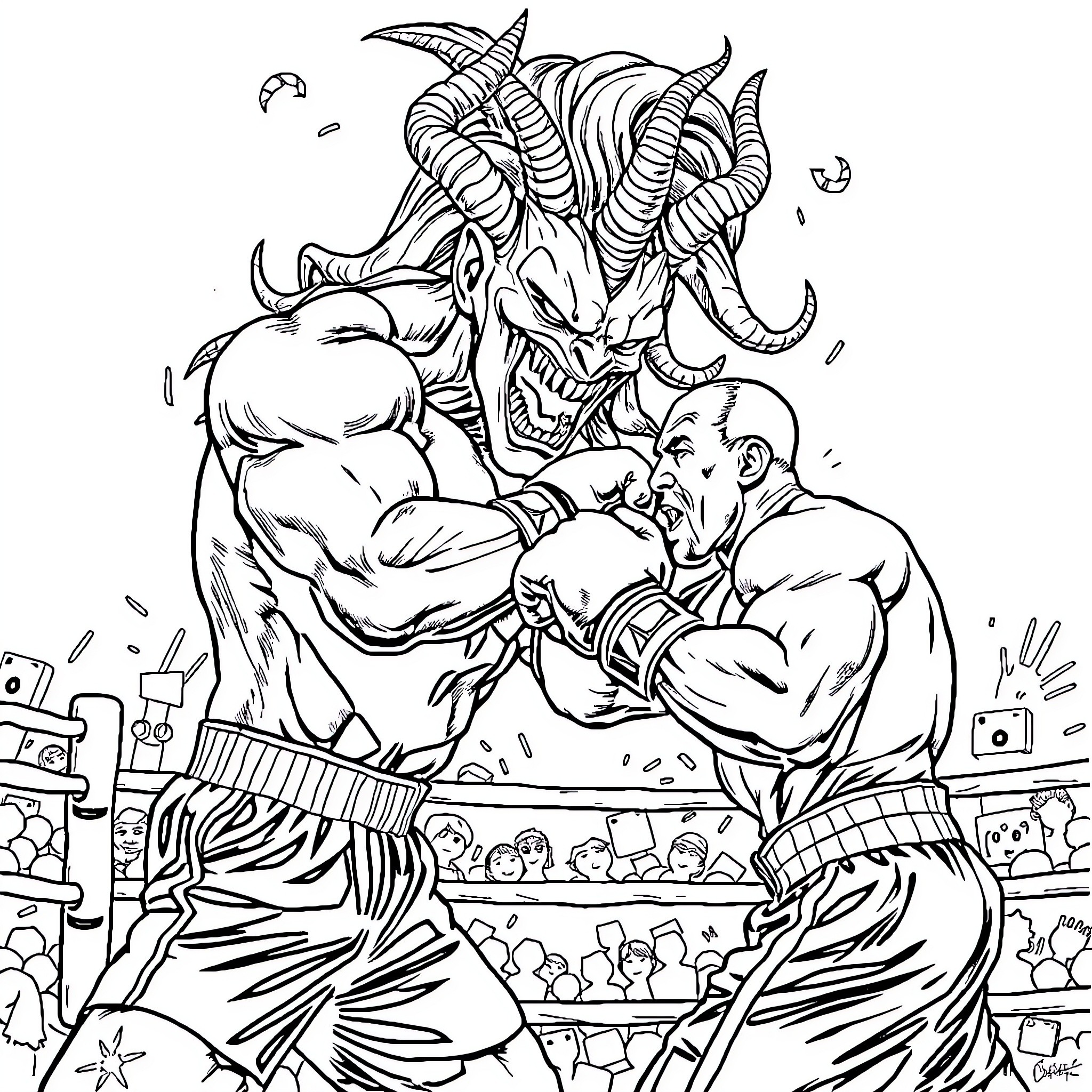 Siren Head wrestling with muscular fighters in arena Coloring Page (free black-and-white line drawing printable PDF for all, from beginners to advanced learners, including children, teens, adults, and seniors)