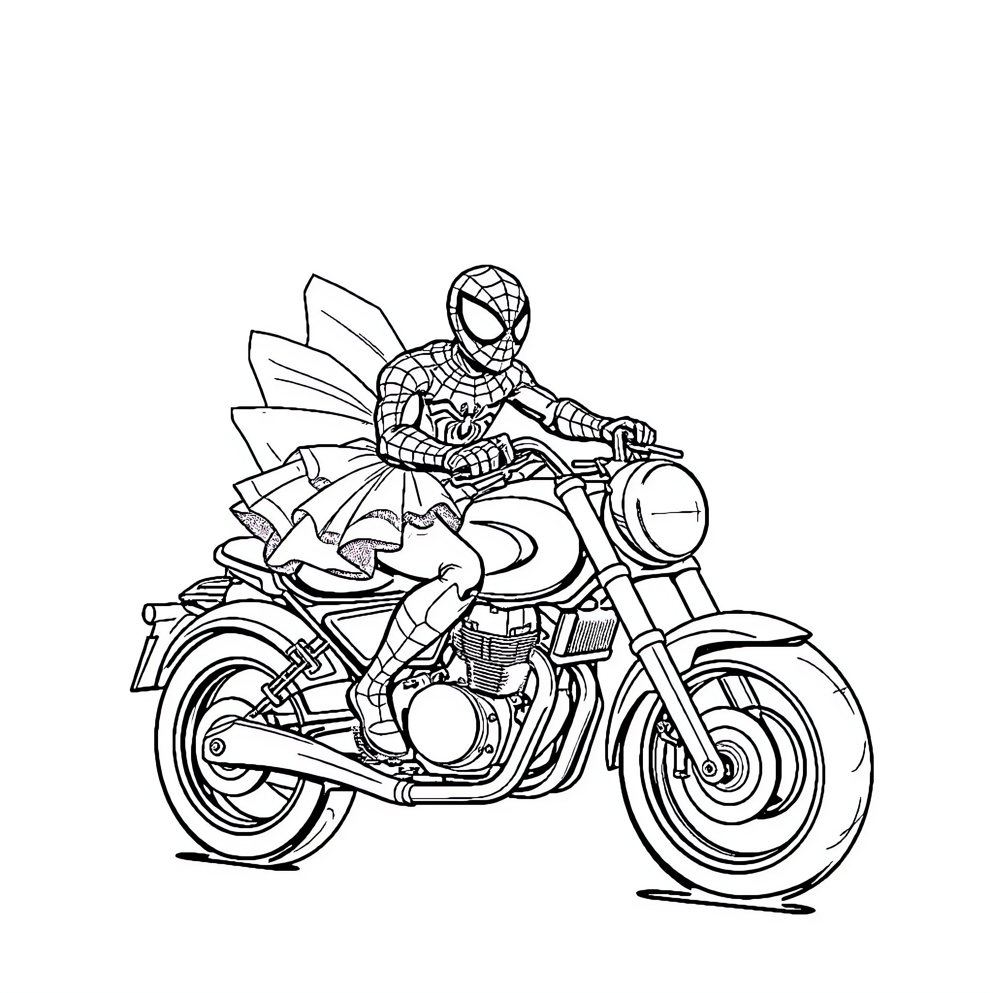 Spiderman riding motorcycle in action pose Coloring Page (free black-and-white line drawing printable PDF for all, from beginners to advanced learners, including children, teens, adults, and seniors)
