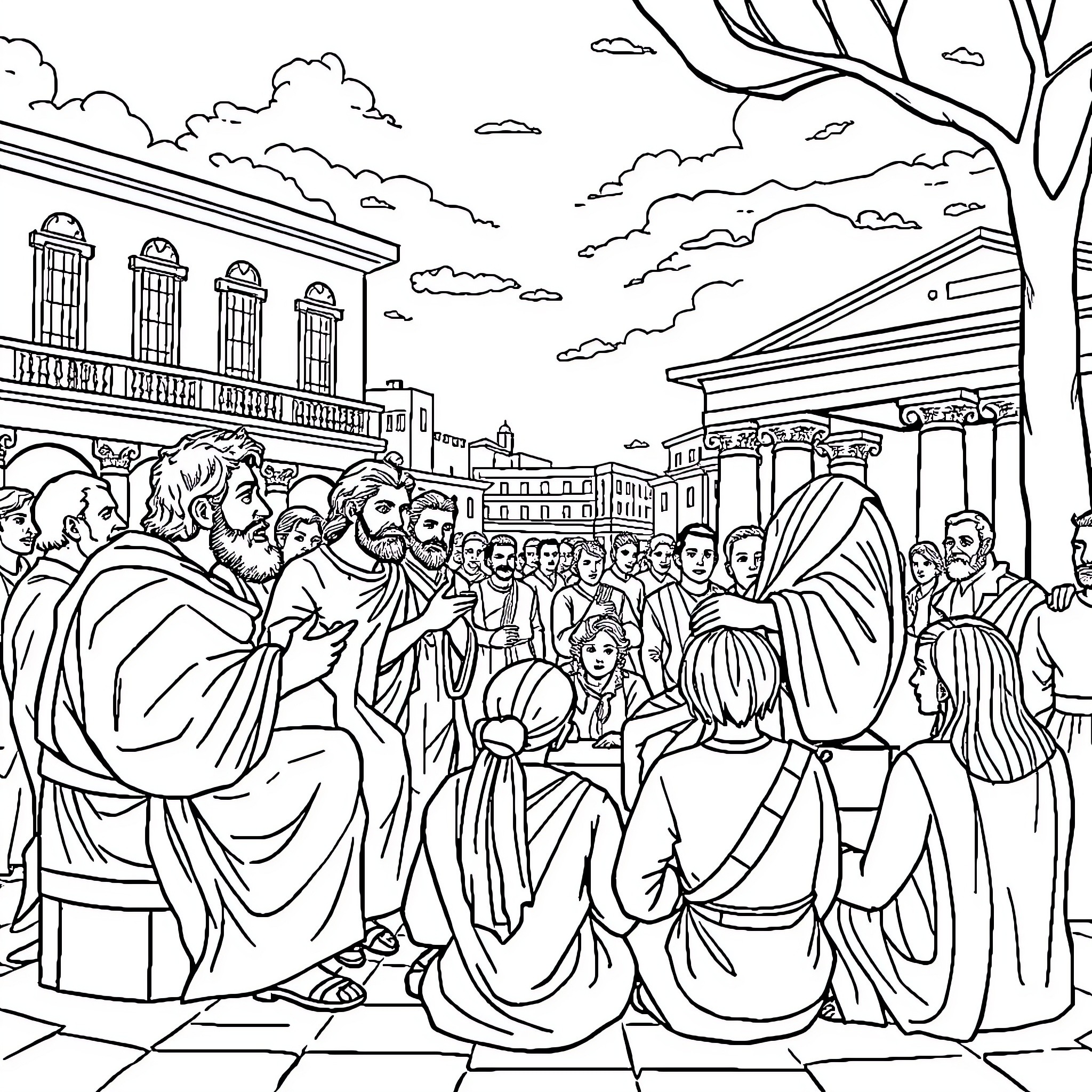 Socrates Teaching in the Classical Greek Marketplace Coloring Page (free black-and-white line drawing printable PDF for all, from beginners to advanced learners, including children, teens, adults, and seniors)