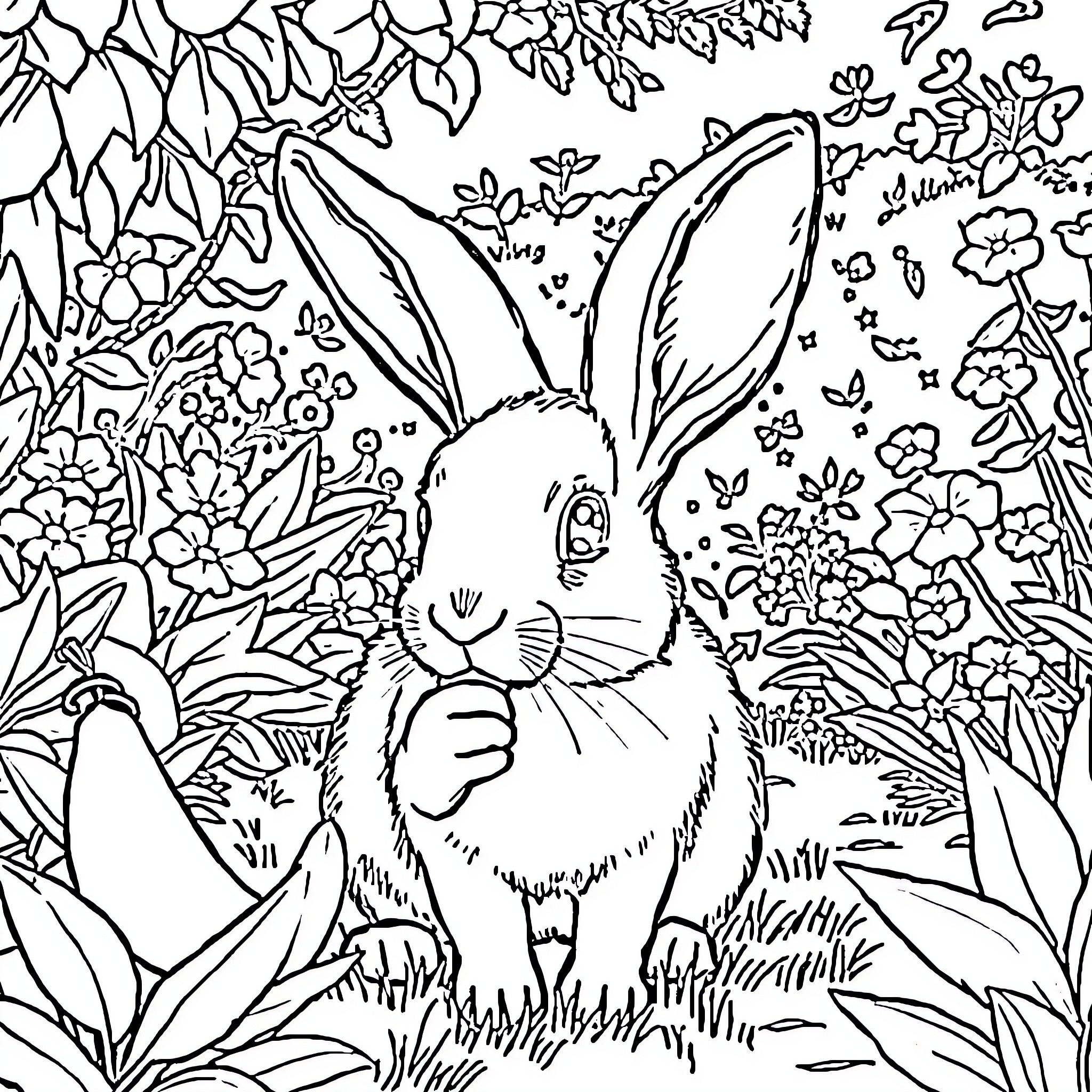 Rabbit in a Floral Garden Coloring Page (free black-and-white line drawing printable PDF for all, from beginners to advanced learners, including children, teens, adults, and seniors)