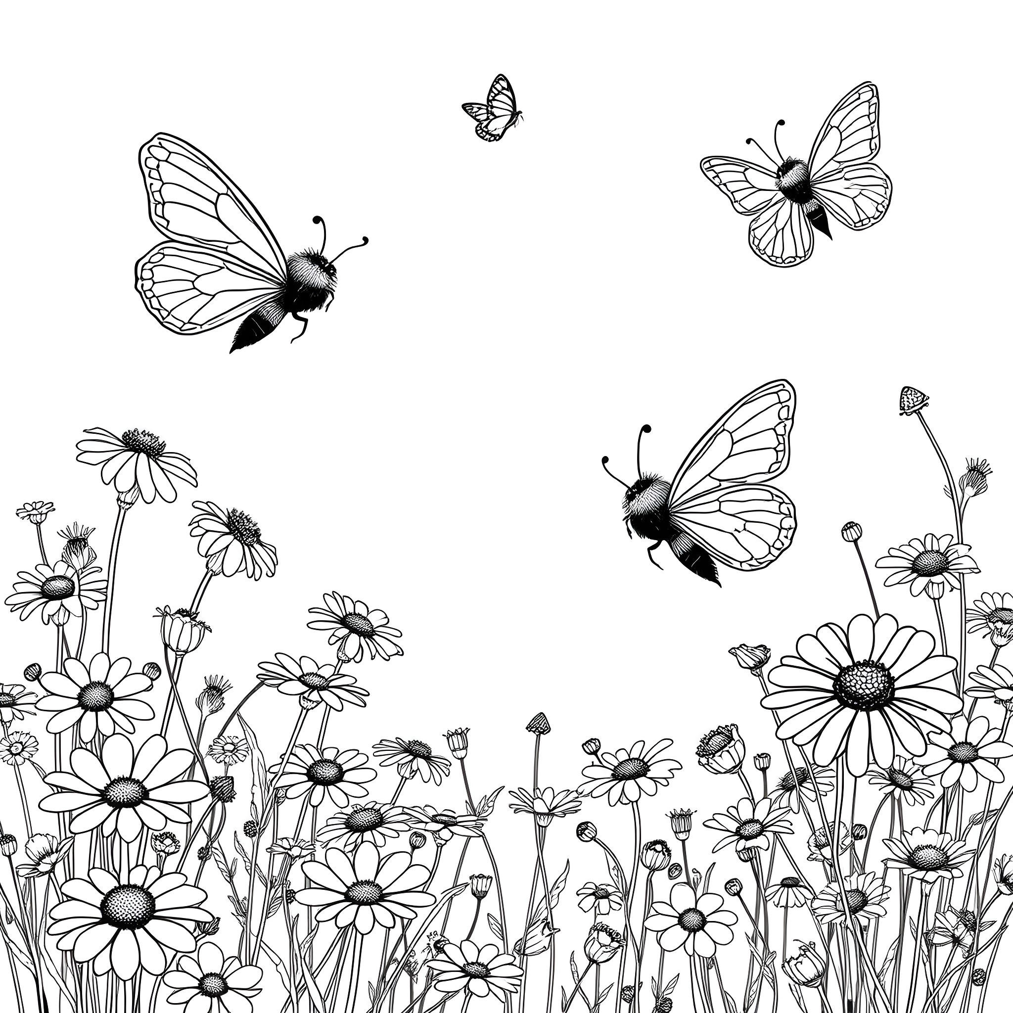 Butterflies dancing among the wildflowers Coloring Page (free black-and-white line drawing printable PDF for all, from beginners to advanced learners, including children, teens, adults, and seniors)