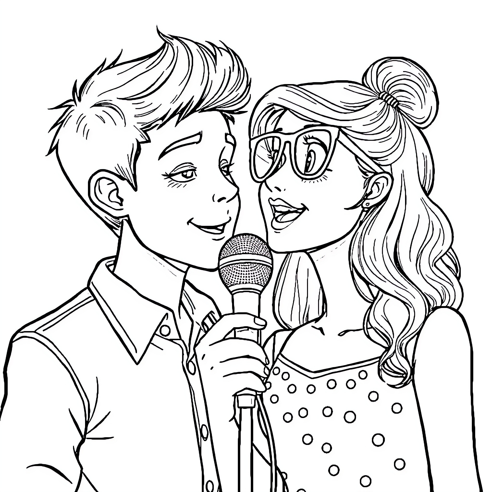 Boy and Girl Singing Together Coloring Page (free black-and-white line drawing printable PDF for all, from beginners to advanced learners, including children, teens, adults, and seniors)