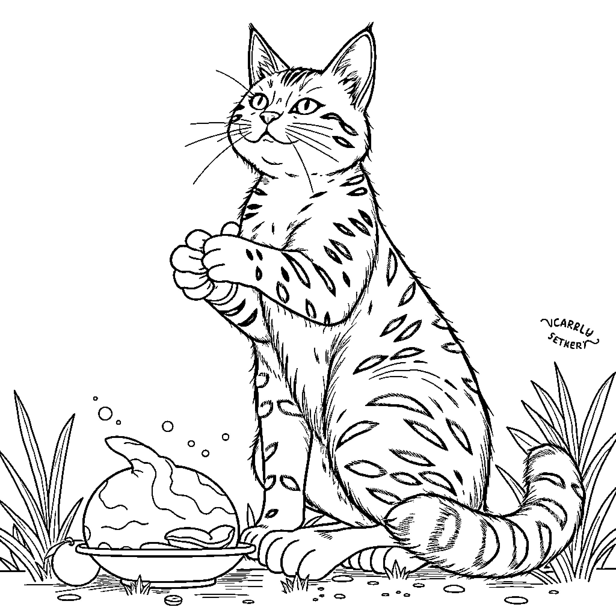 Giantess cat in peaceful natural setting Coloring Page (free black-and-white line drawing printable PDF for all, from beginners to advanced learners, including children, teens, adults, and seniors)