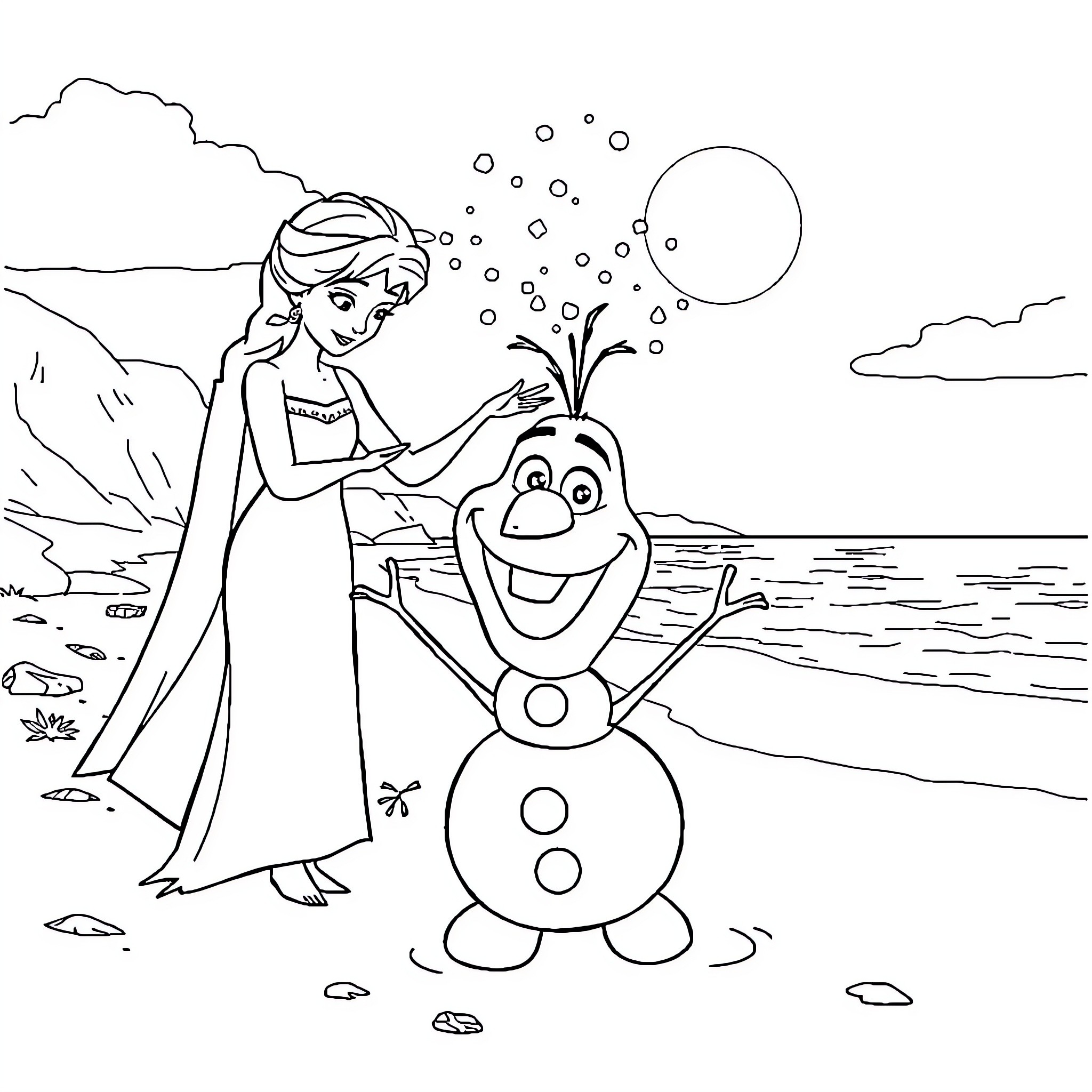 Olaf and Elsa playing in the winter wonderland Coloring Page (free black-and-white line drawing printable PDF for all, from beginners to advanced learners, including children, teens, adults, and seniors)