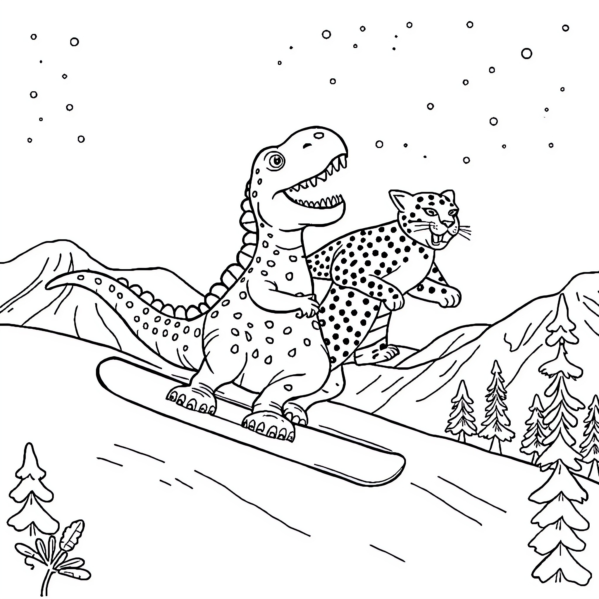 Dinosaur snowboarding with leopard companion Coloring Page (free black-and-white line drawing printable PDF for all, from beginners to advanced learners, including children, teens, adults, and seniors)