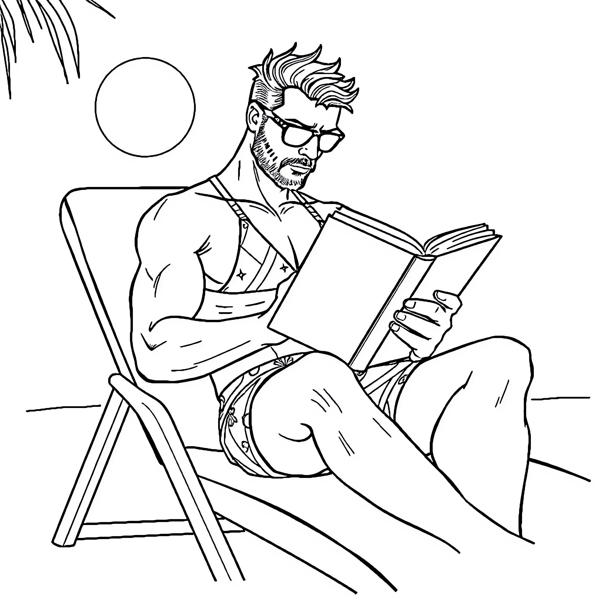 Man reading book in the sunset Coloring Page (free black-and-white line drawing printable PDF for all, from beginners to advanced learners, including children, teens, adults, and seniors)