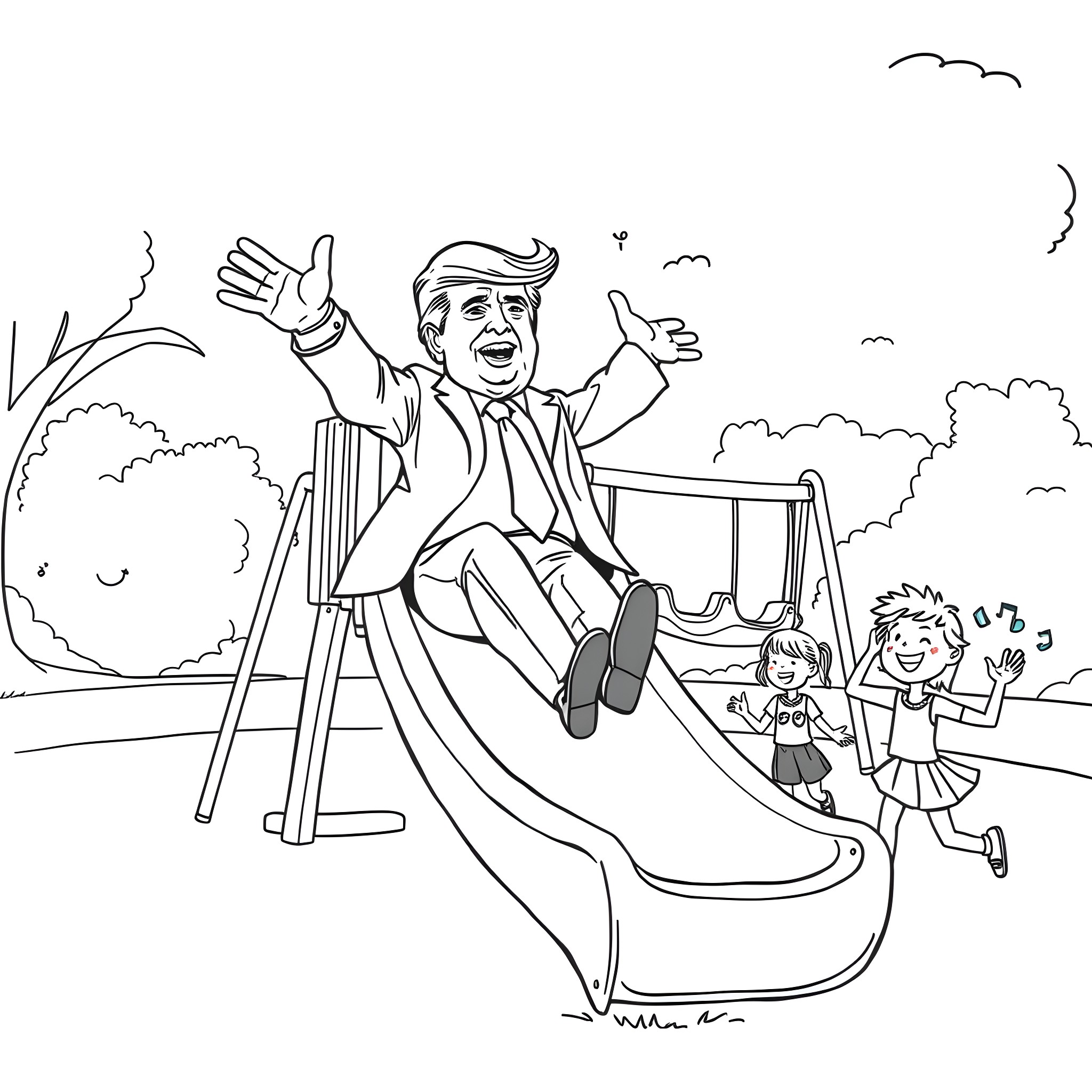 Trump Enthusiastically Interacting with Children on Playground Coloring Page (free black-and-white line drawing printable PDF for all, from beginners to advanced learners, including children, teens, adults, and seniors)