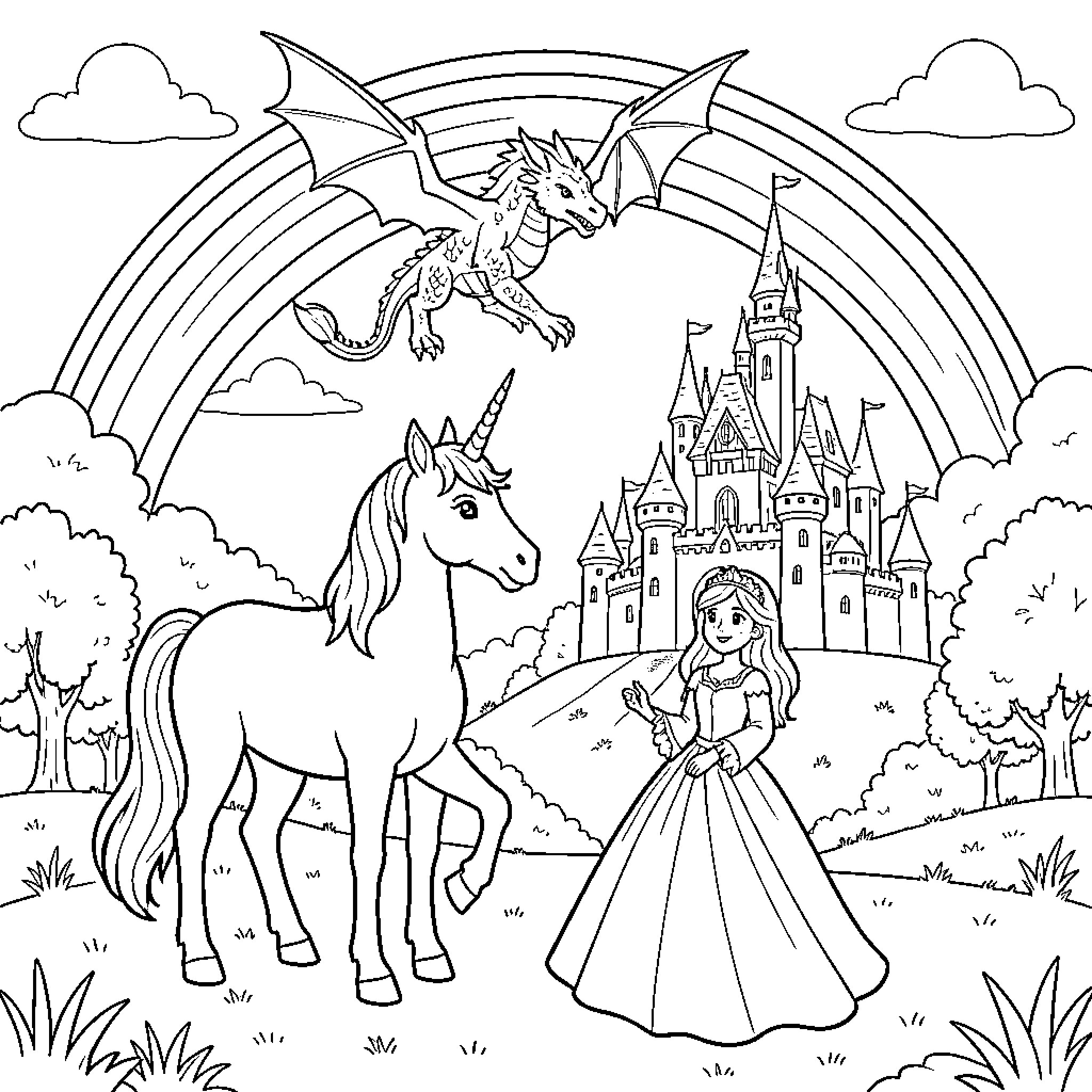 Unicorn and princess standing near a castle and dragon Coloring Page (free black-and-white line drawing printable PDF for all, from beginners to advanced learners, including children, teens, adults, and seniors)