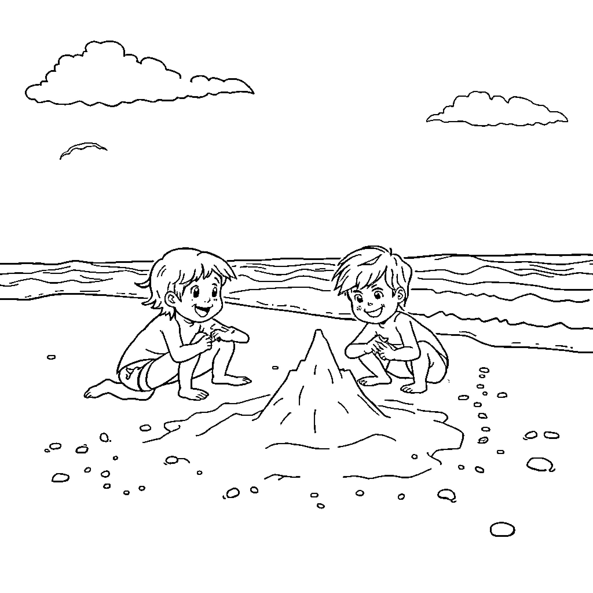 Kid playing in the sand by the beach Coloring Page (free black-and-white line drawing printable PDF for all, from beginners to advanced learners, including children, teens, adults, and seniors)