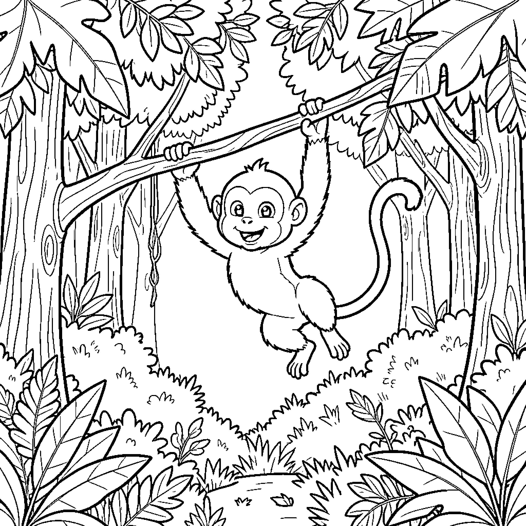 Monkey swinging happily in the jungle Coloring Page (free black-and-white line drawing printable PDF for all, from beginners to advanced learners, including children, teens, adults, and seniors)