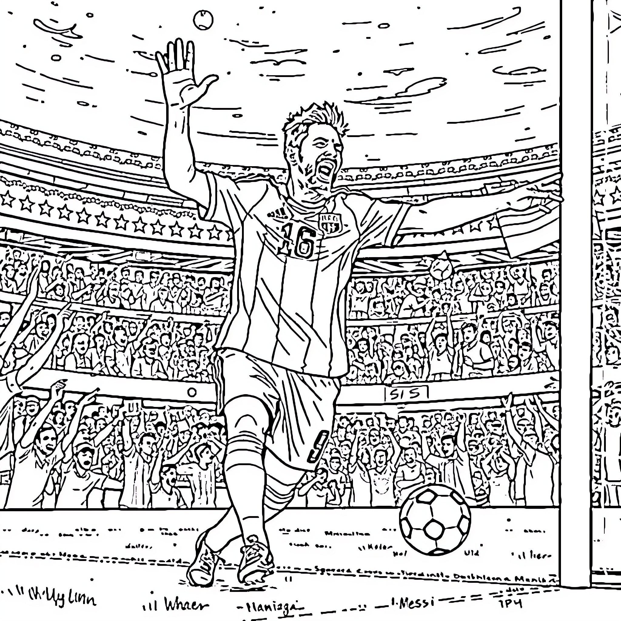 Messi Celebrating Victory with Fans in Stadium Coloring Page (free black-and-white line drawing printable PDF for all, from beginners to advanced learners, including children, teens, adults, and seniors)