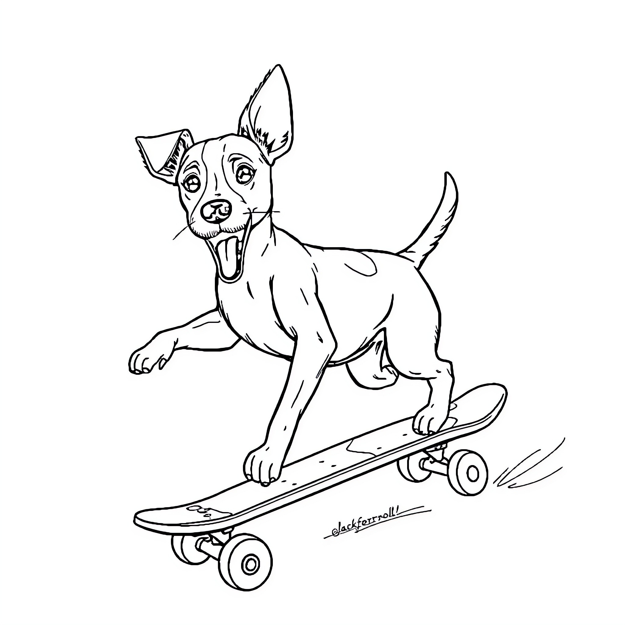 Jack Russell riding a skateboard enthusiastically Coloring Page (free black-and-white line drawing printable PDF for all, from beginners to advanced learners, including children, teens, adults, and seniors)
