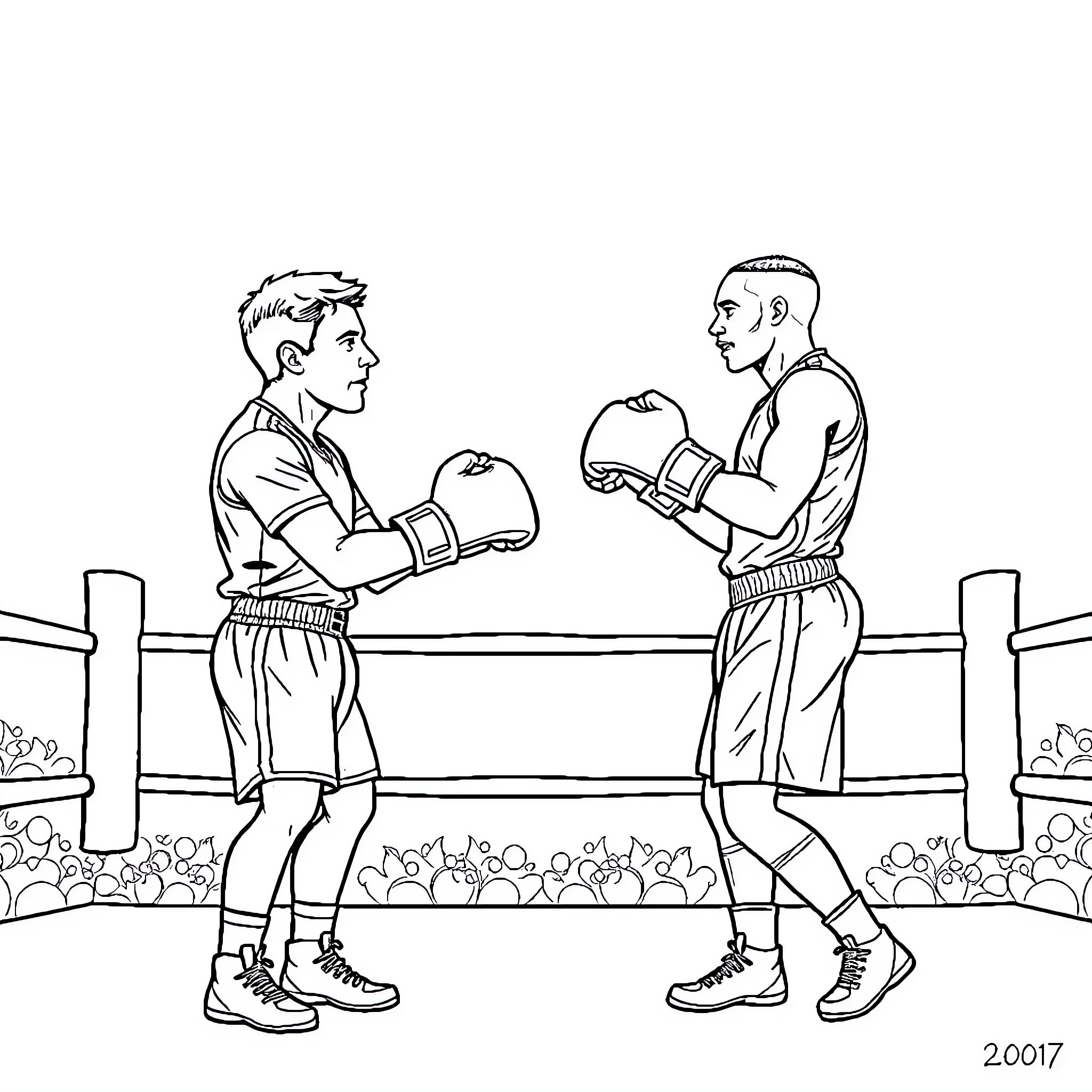 Macron shakes hands with boxing champion in the ring Coloring Page (free black-and-white line drawing printable PDF for all, from beginners to advanced learners, including children, teens, adults, and seniors)