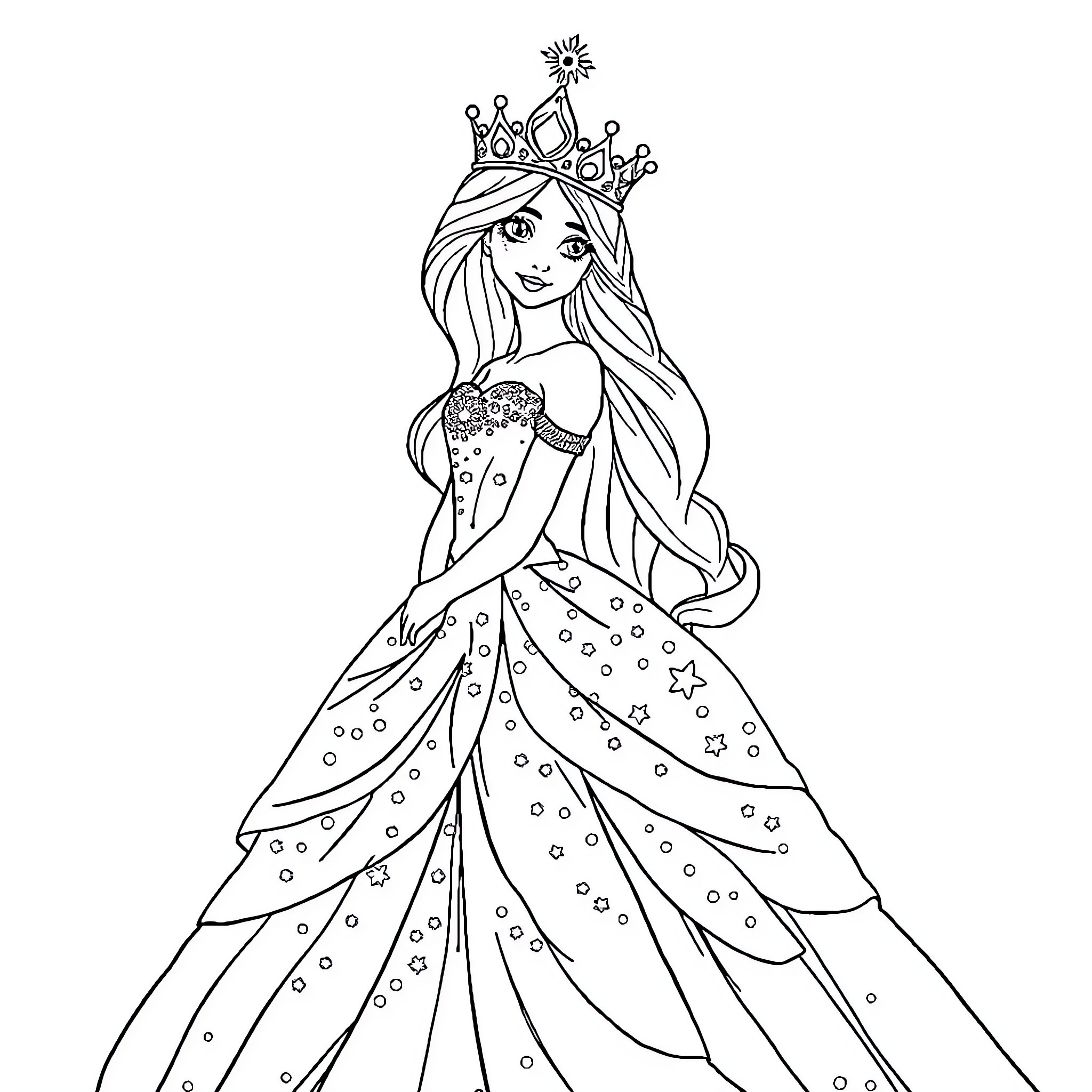 Princess in a Sparkling Gown and Crown Coloring Page (free black-and-white line drawing printable PDF for all, from beginners to advanced learners, including children, teens, adults, and seniors)