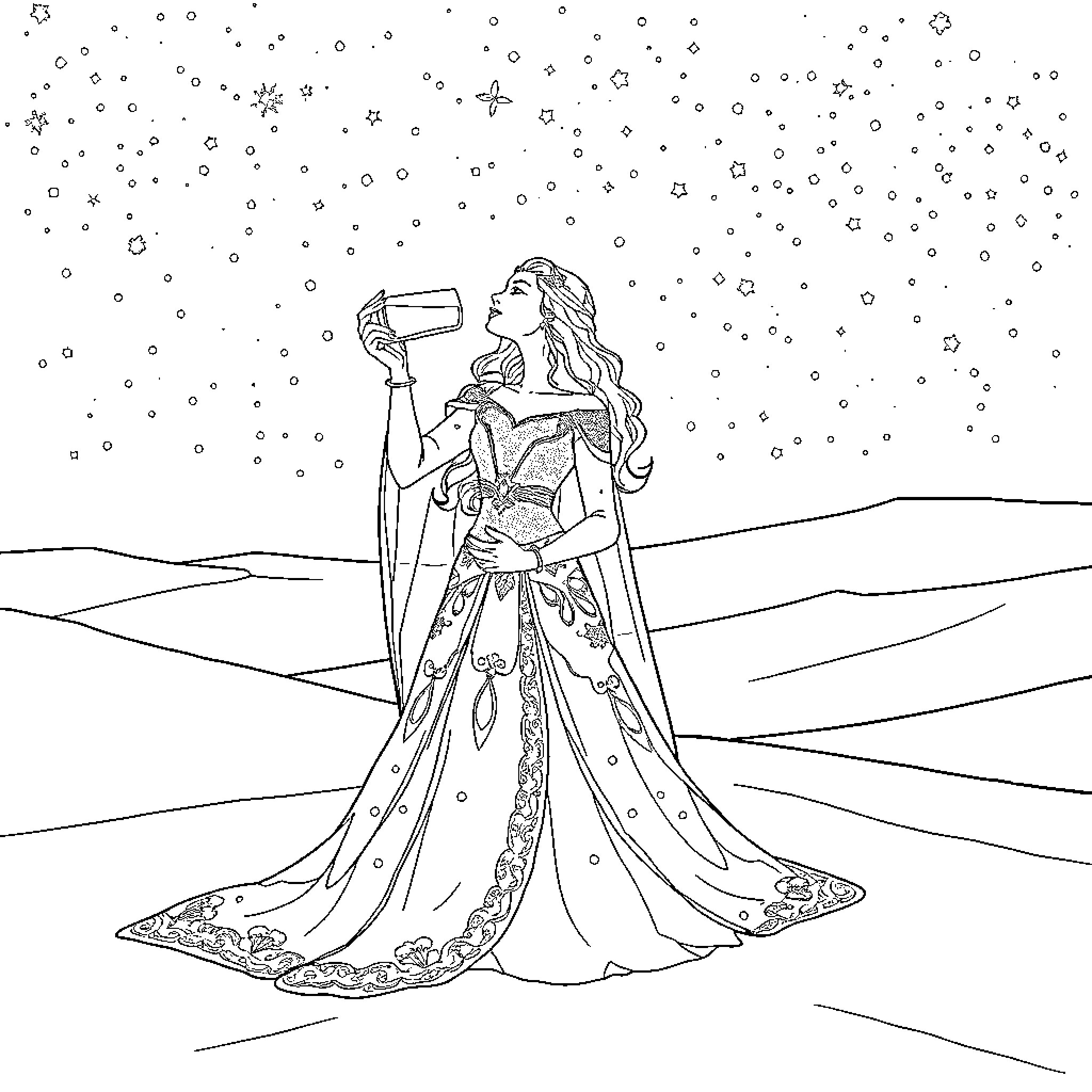 Queen gazing at the starry night sky Coloring Page (free black-and-white line drawing printable PDF for all, from beginners to advanced learners, including children, teens, adults, and seniors)