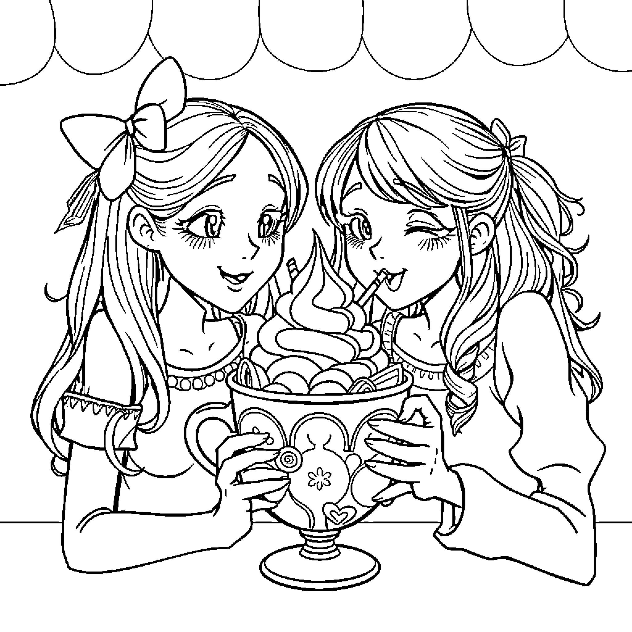 Girls enjoying ice cream together Coloring Page (free black-and-white line drawing printable PDF for all, from beginners to advanced learners, including children, teens, adults, and seniors)