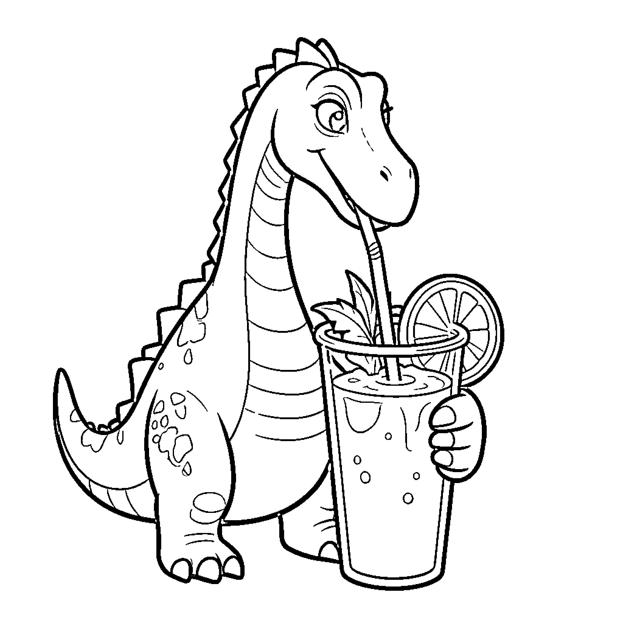 Dinosqure dinosaur smiling while sipping a refreshing drink Coloring Page (free black-and-white line drawing printable PDF for all, from beginners to advanced learners, including children, teens, adults, and seniors)