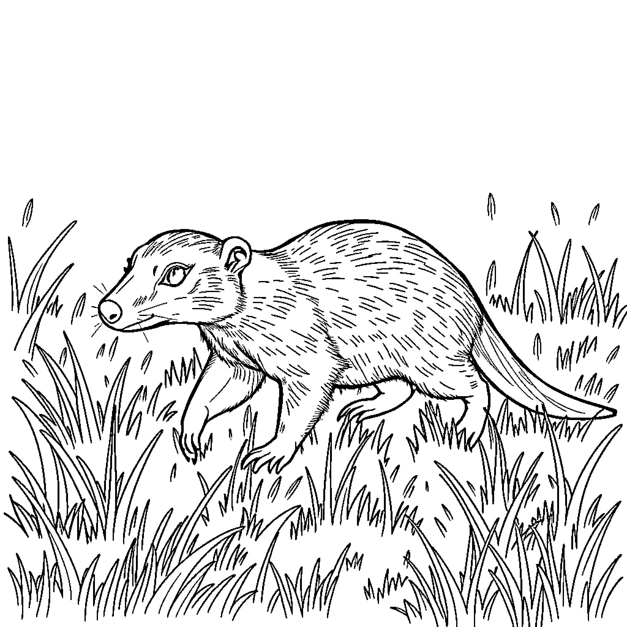 Mongoose exploring the grassy surroundings Coloring Page (free black-and-white line drawing printable PDF for all, from beginners to advanced learners, including children, teens, adults, and seniors)