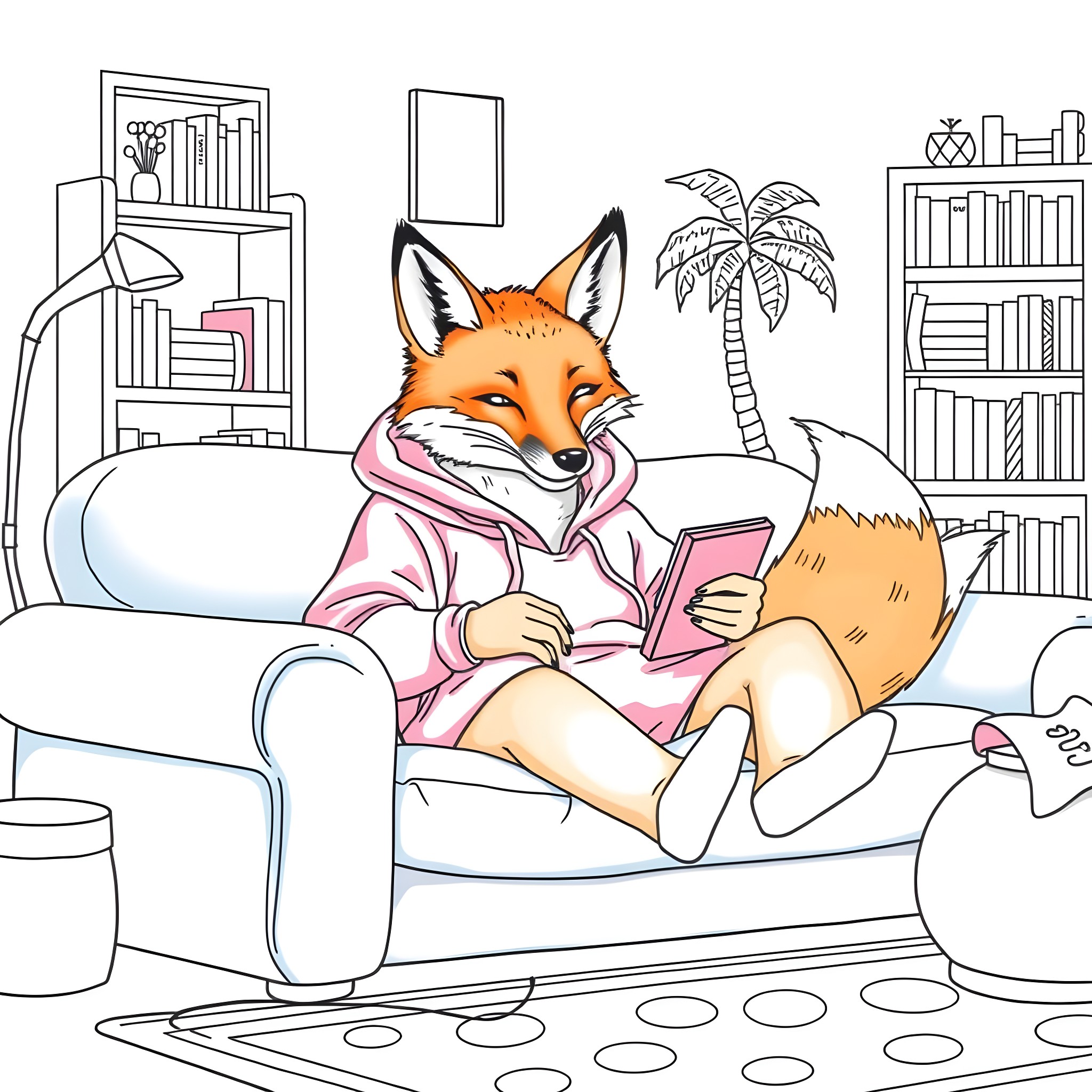 Fox reading book on cozy couch in library Coloring Page (free black-and-white line drawing printable PDF for all, from beginners to advanced learners, including children, teens, adults, and seniors)