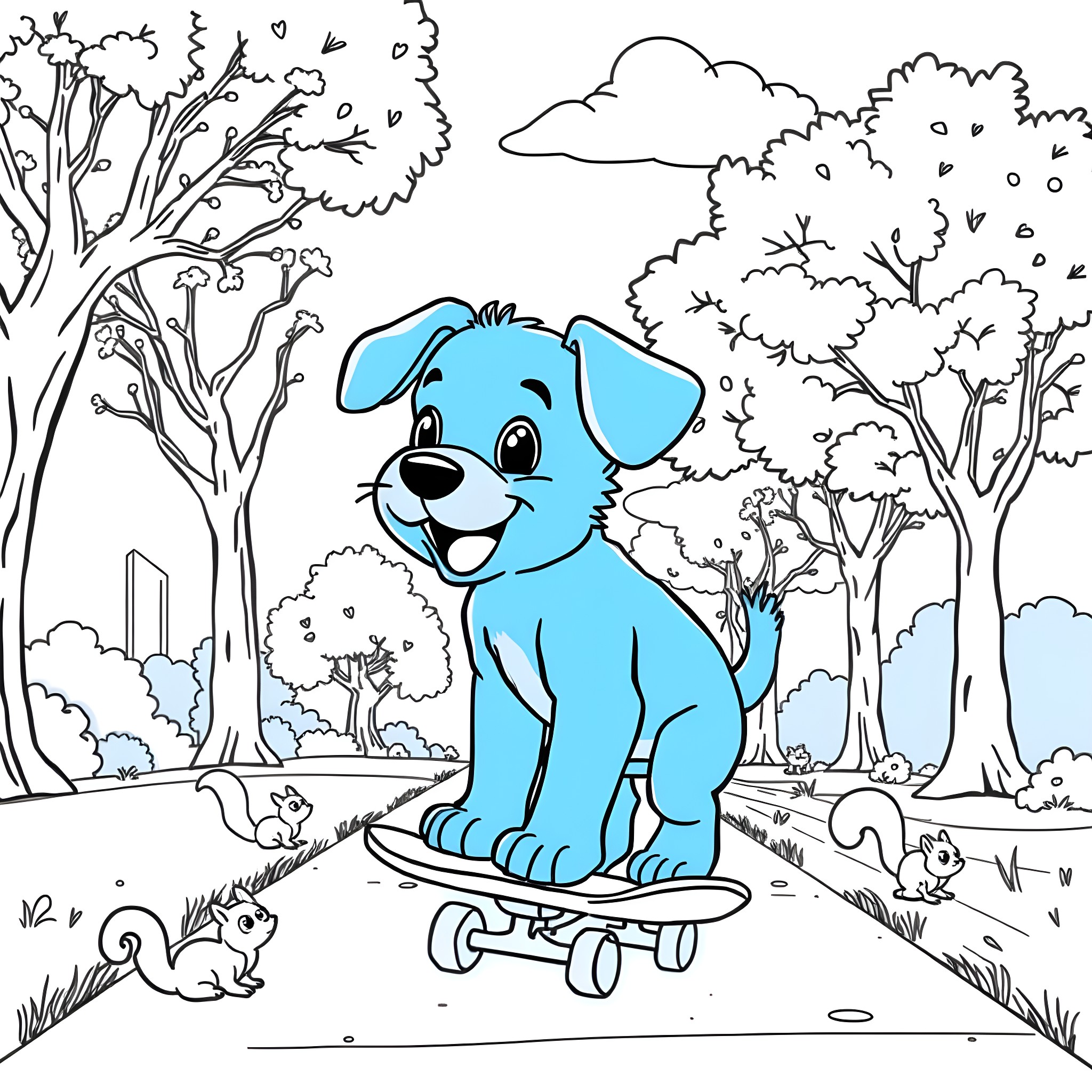 Bluey the Puppy Skateboarding in the Park Coloring Page (free black-and-white line drawing printable PDF for all, from beginners to advanced learners, including children, teens, adults, and seniors)