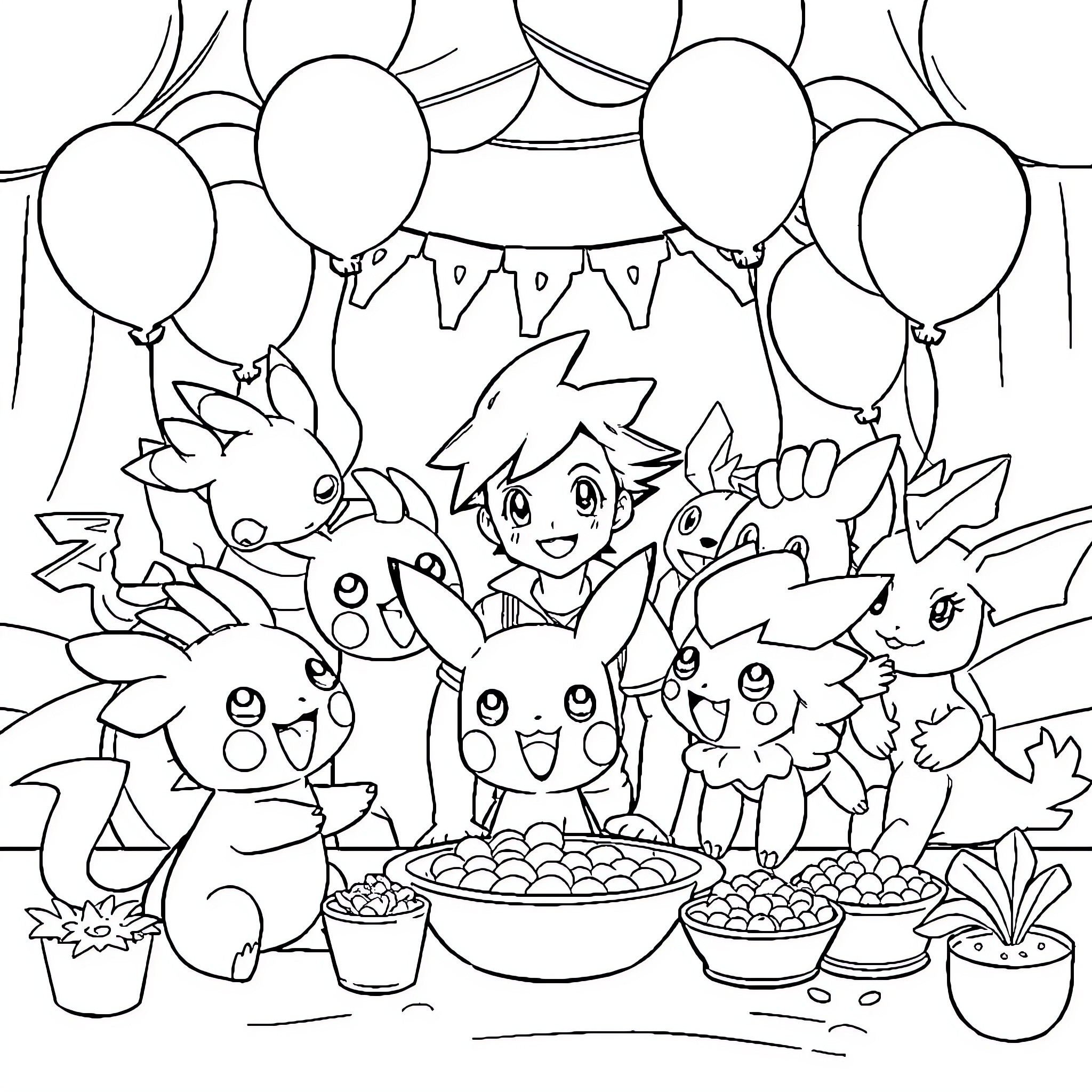 Pokémon characters celebrating a joyous occasion Coloring Page (free black-and-white line drawing printable PDF for all, from beginners to advanced learners, including children, teens, adults, and seniors)