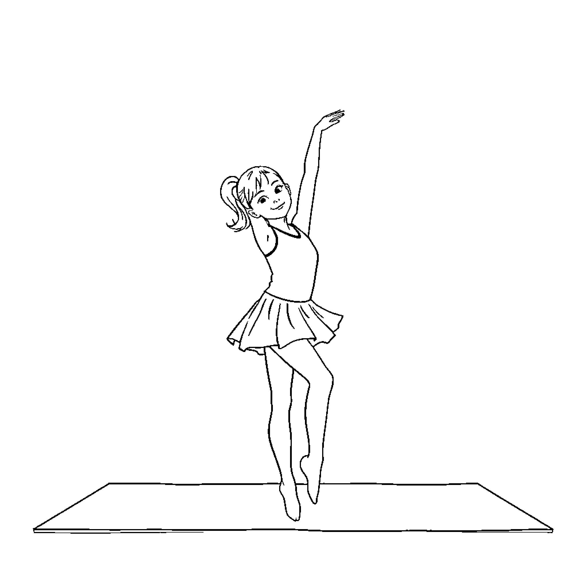 Girl dancing gracefully on stage Coloring Page (free black-and-white line drawing printable PDF for all, from beginners to advanced learners, including children, teens, adults, and seniors)