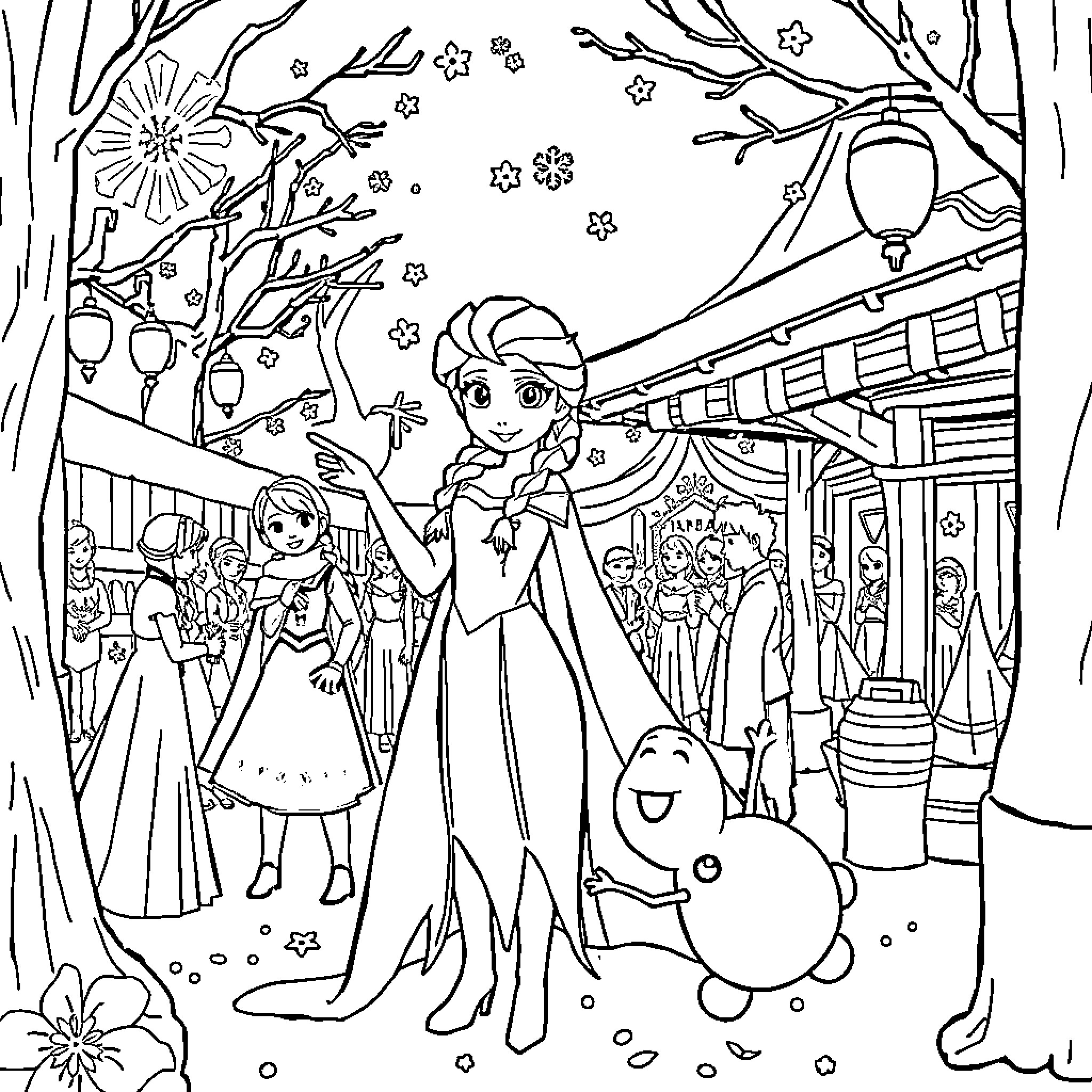 Frozen Characters Exploring Festive Winter Wonderland Coloring Page (free black-and-white line drawing printable PDF for all, from beginners to advanced learners, including children, teens, adults, and seniors)