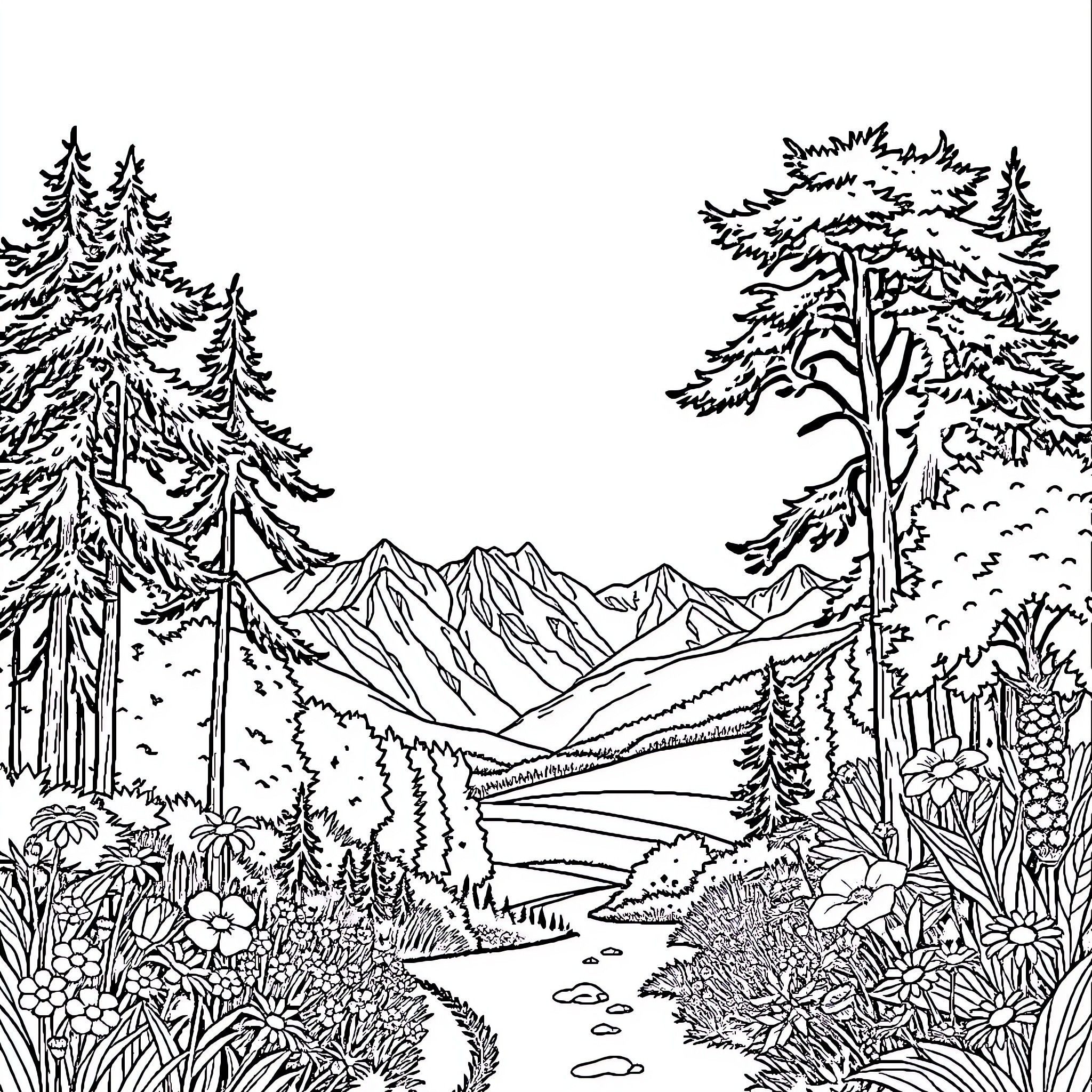 Nature's Enchanting Wilderness Coloring Page (free black-and-white line drawing printable PDF for all, from beginners to advanced learners, including children, teens, adults, and seniors)