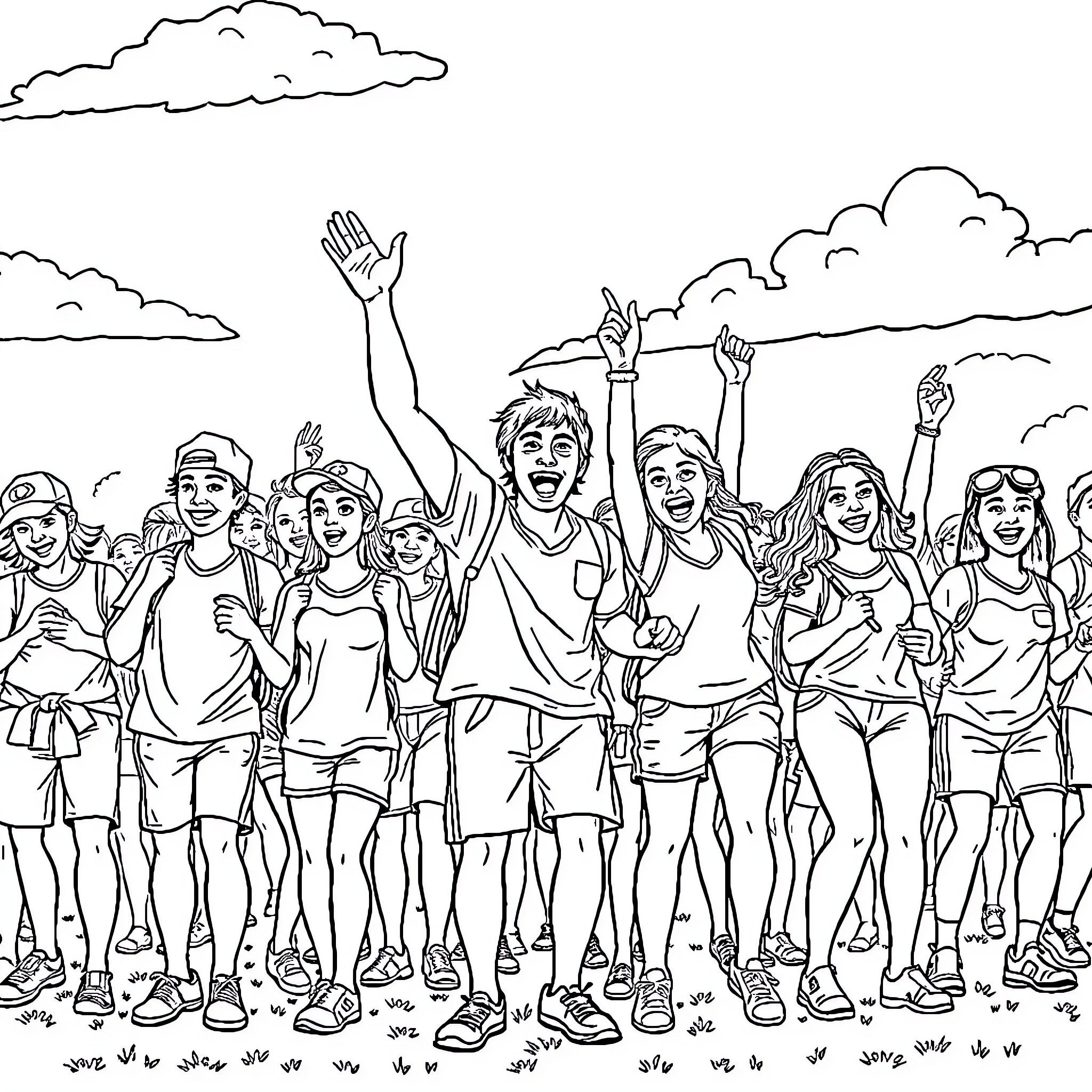 Person celebrating with group of friends outdoors Coloring Page (free black-and-white line drawing printable PDF for all, from beginners to advanced learners, including children, teens, adults, and seniors)