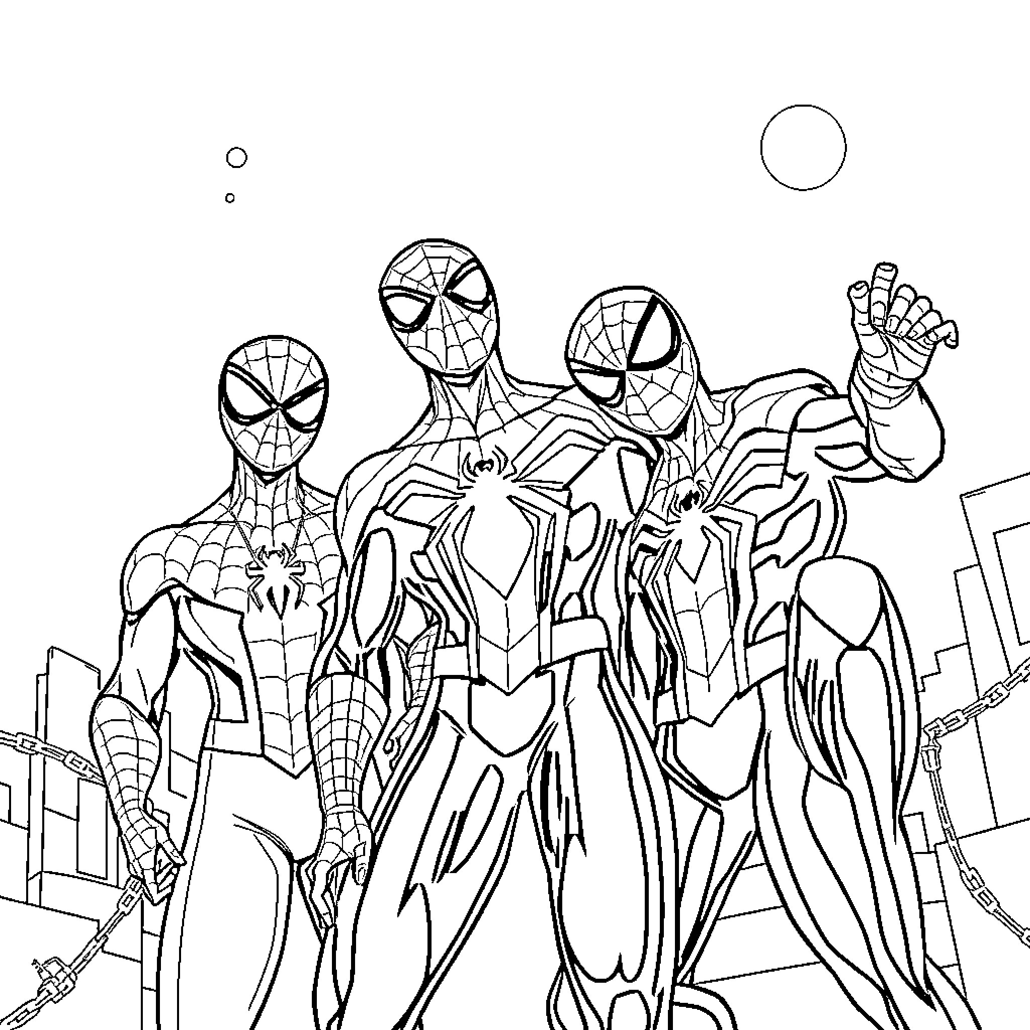 Spidey heroes leaping into action Coloring Page (free black-and-white line drawing printable PDF for all, from beginners to advanced learners, including children, teens, adults, and seniors)