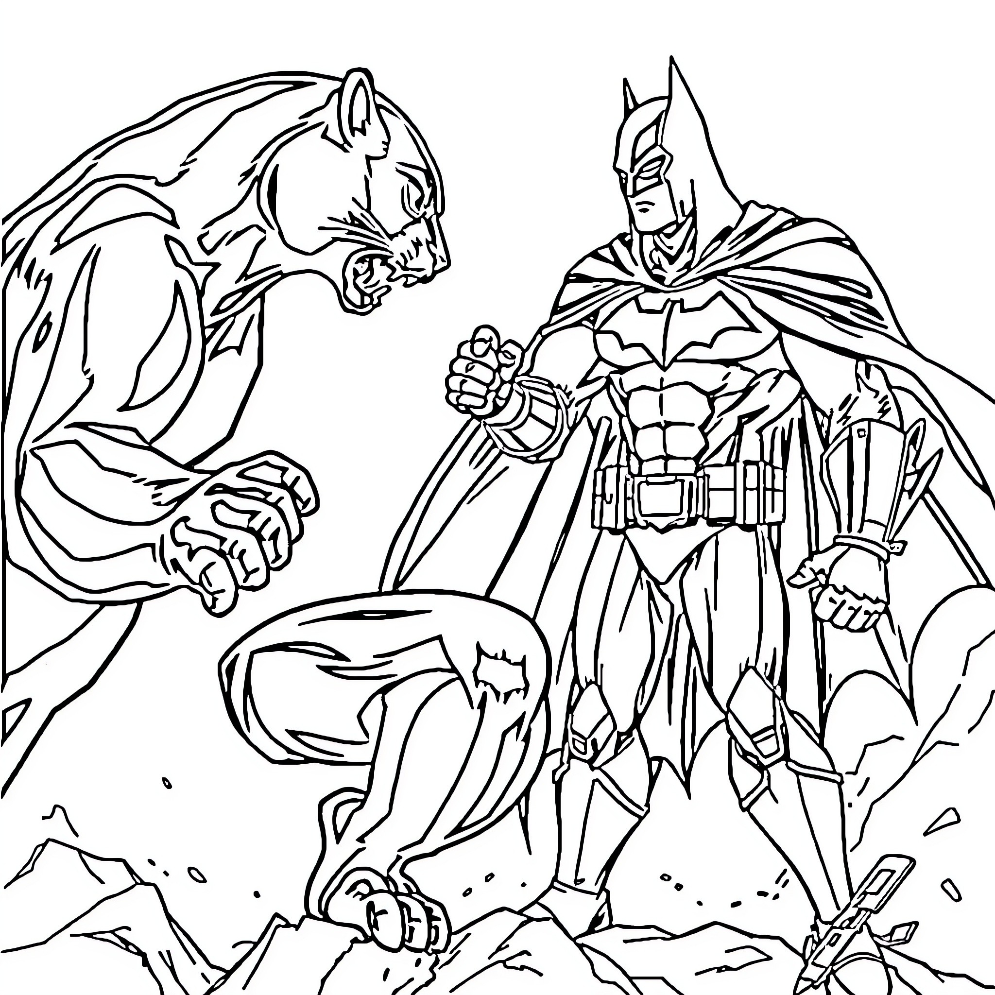 Panther and Batman in heroic battle Coloring Page (free black-and-white line drawing printable PDF for all, from beginners to advanced learners, including children, teens, adults, and seniors)