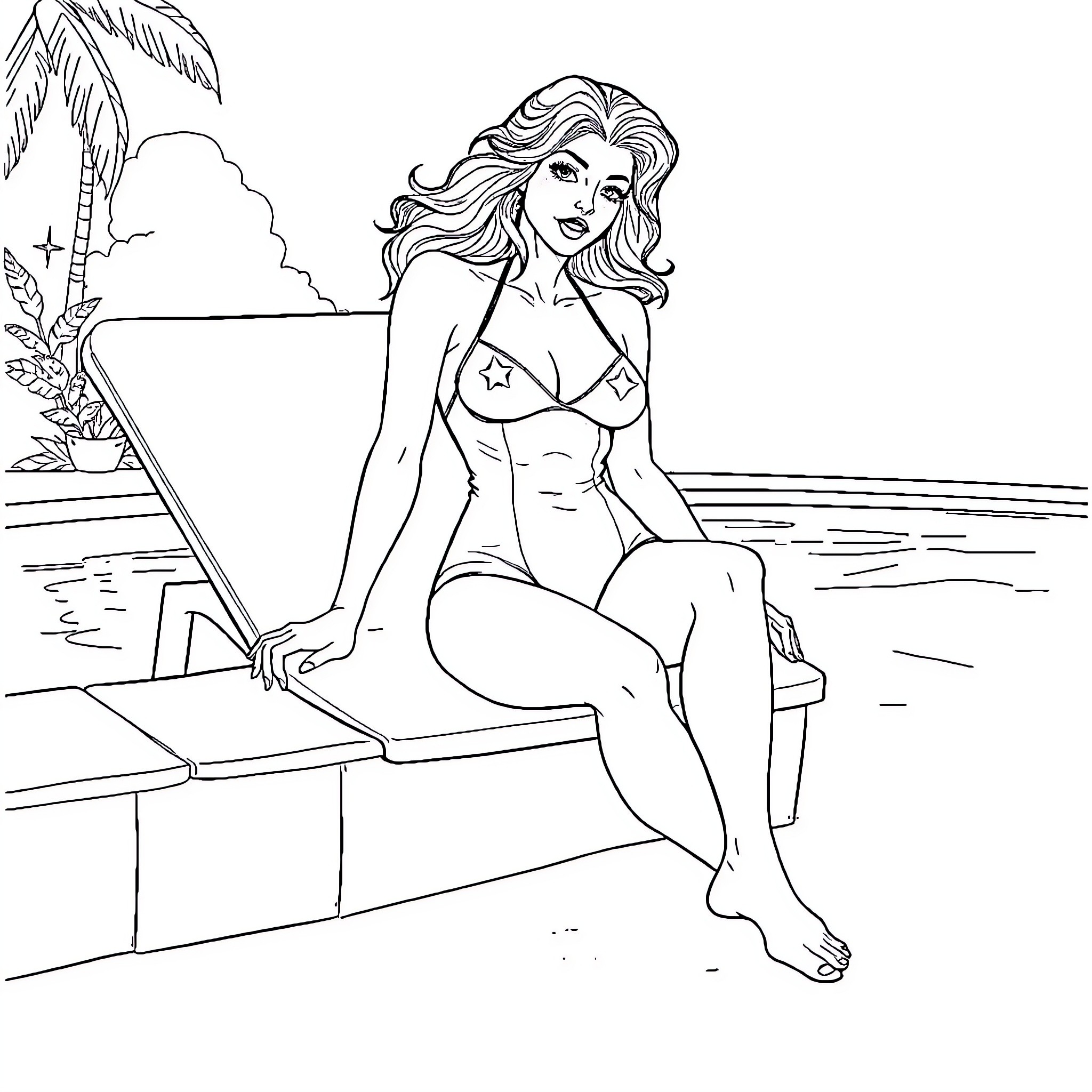Scarlet Witch relaxing on a beach chair Coloring Page (free black-and-white line drawing printable PDF for all, from beginners to advanced learners, including children, teens, adults, and seniors)