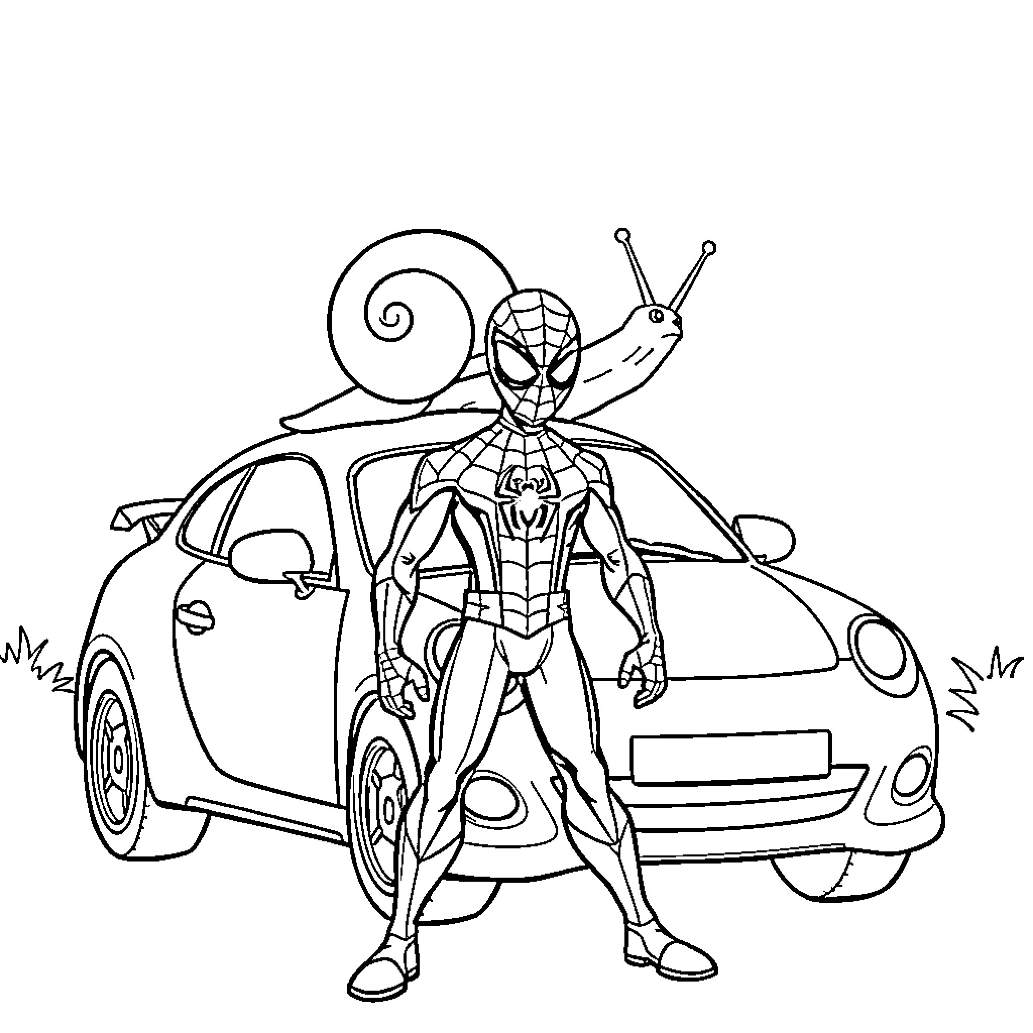 Snail-themed superhero exploring a car Coloring Page (free black-and-white line drawing printable PDF for all, from beginners to advanced learners, including children, teens, adults, and seniors)