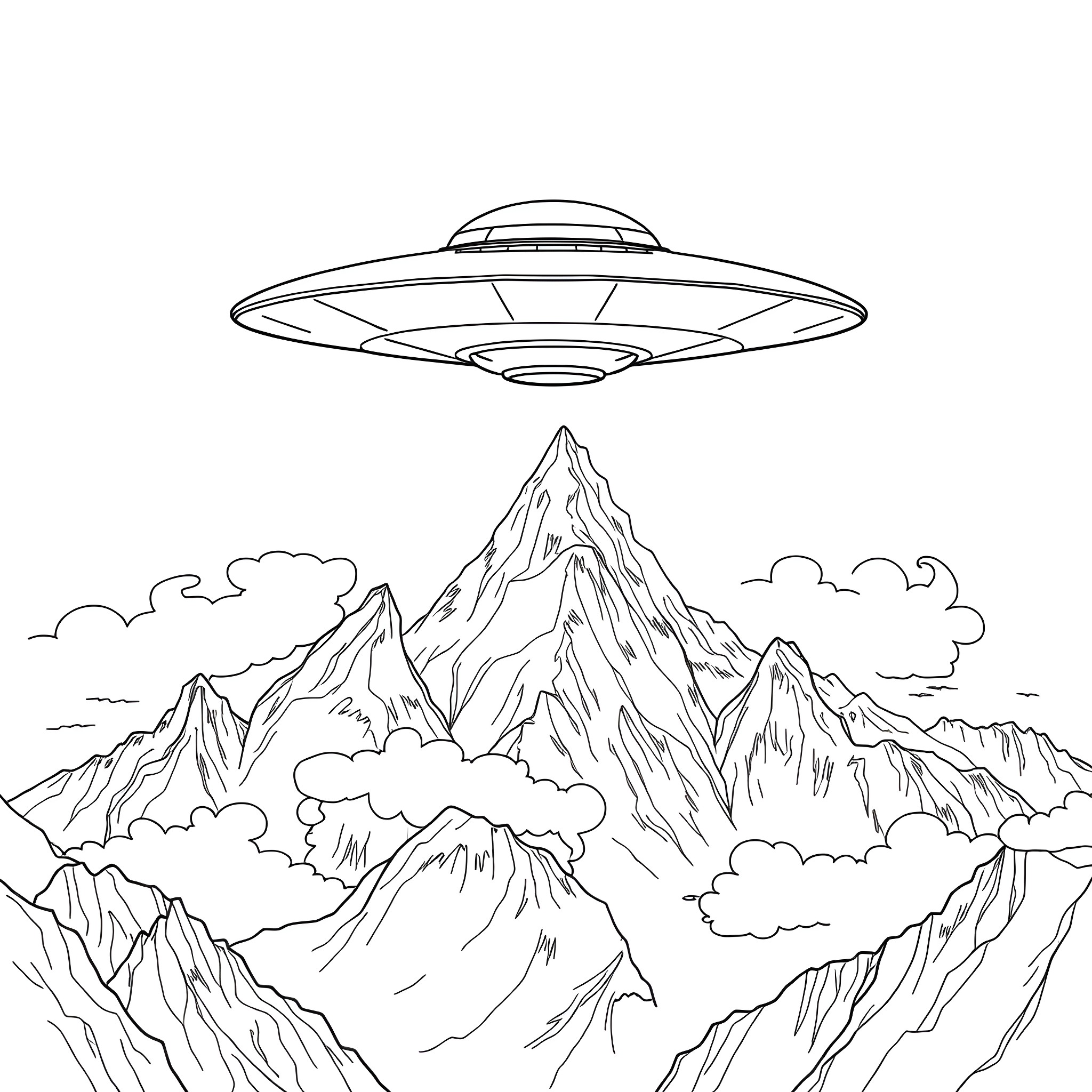 UFO hovering over majestic mountain range Coloring Page (free black-and-white line drawing printable PDF for all, from beginners to advanced learners, including children, teens, adults, and seniors)