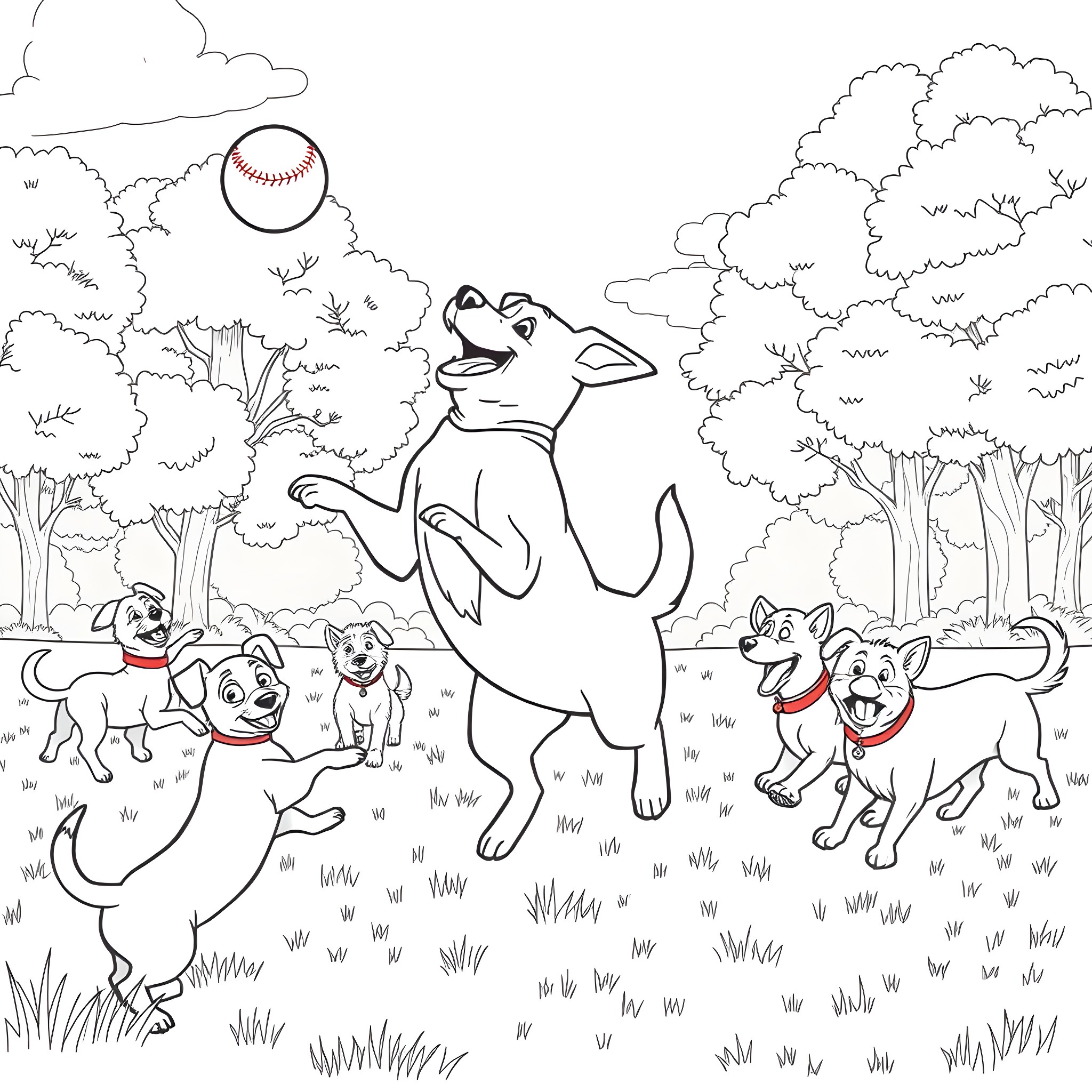 Dog playing with friends in the park Coloring Page (free black-and-white line drawing printable PDF for all, from beginners to advanced learners, including children, teens, adults, and seniors)