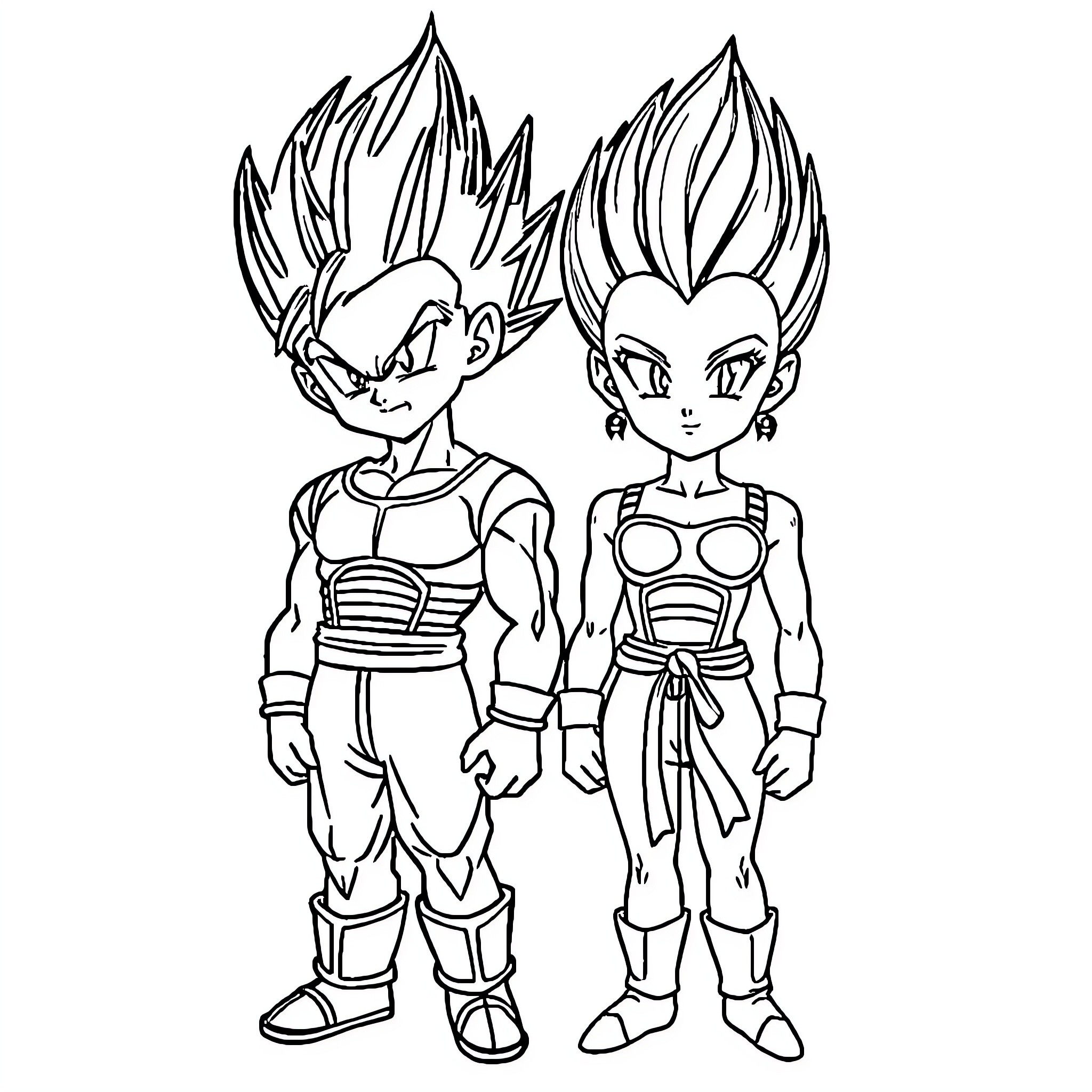 Vegeta and Bulma in Anime Attire Coloring Page (free black-and-white line drawing printable PDF for all, from beginners to advanced learners, including children, teens, adults, and seniors)