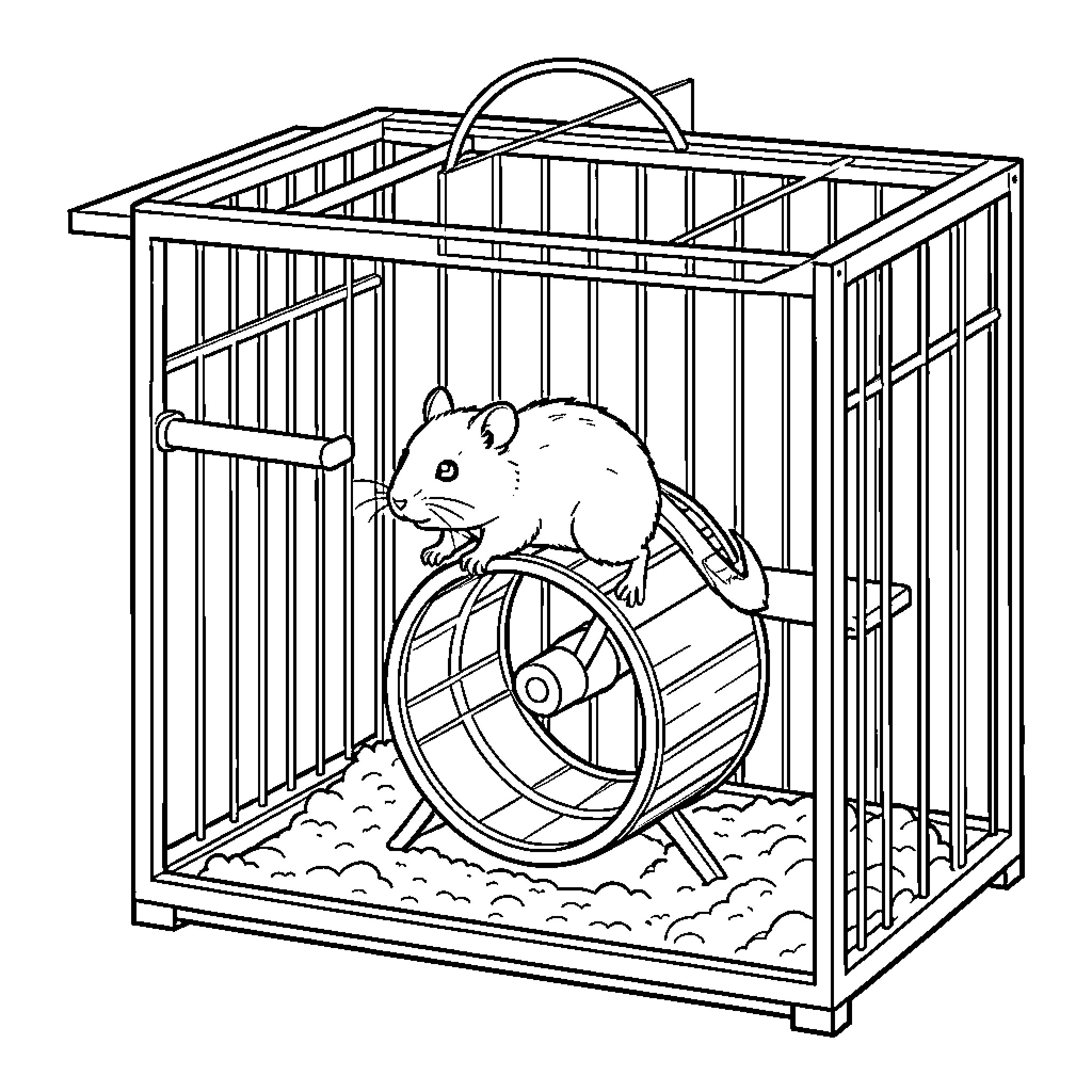 Hamster running on a wheel inside its cage Coloring Page (free black-and-white line drawing printable PDF for all, from beginners to advanced learners, including children, teens, adults, and seniors)