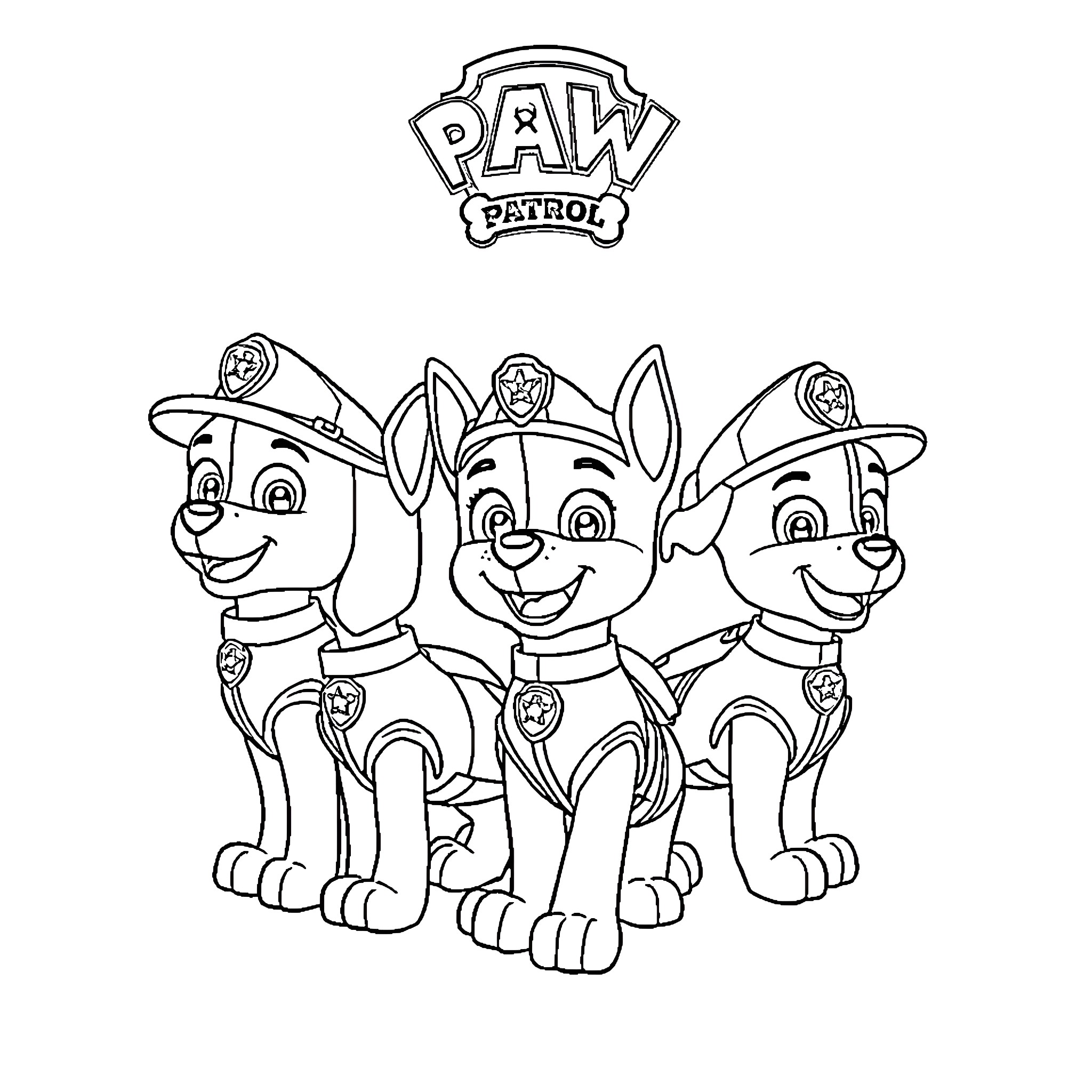 Paw Patrol pups in uniform ready for action Coloring Page (free black-and-white line drawing printable PDF for all, from beginners to advanced learners, including children, teens, adults, and seniors)