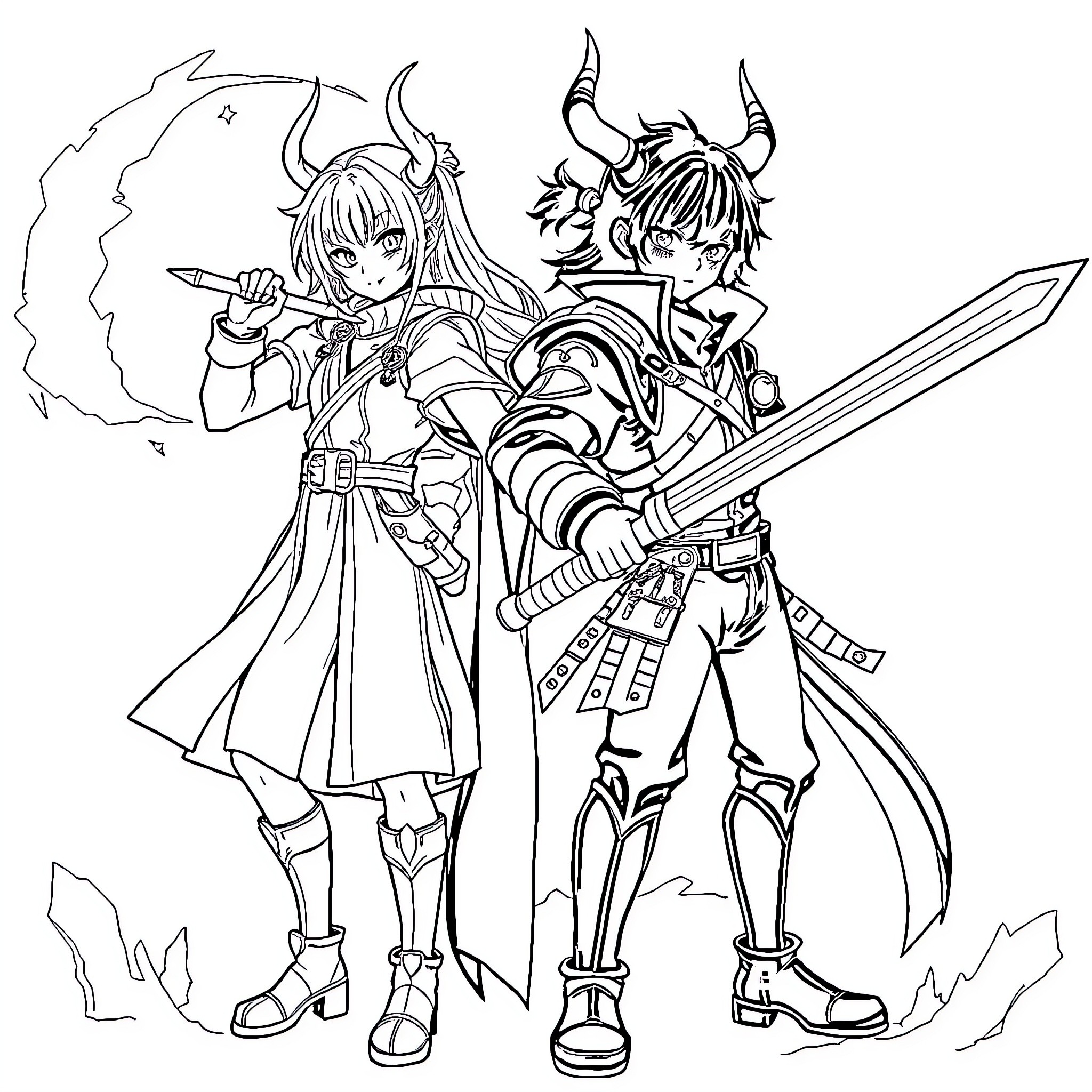 Rumi's Adventurous Duo Wielding Powerful Weapons Coloring Page (free black-and-white line drawing printable PDF for all, from beginners to advanced learners, including children, teens, adults, and seniors)