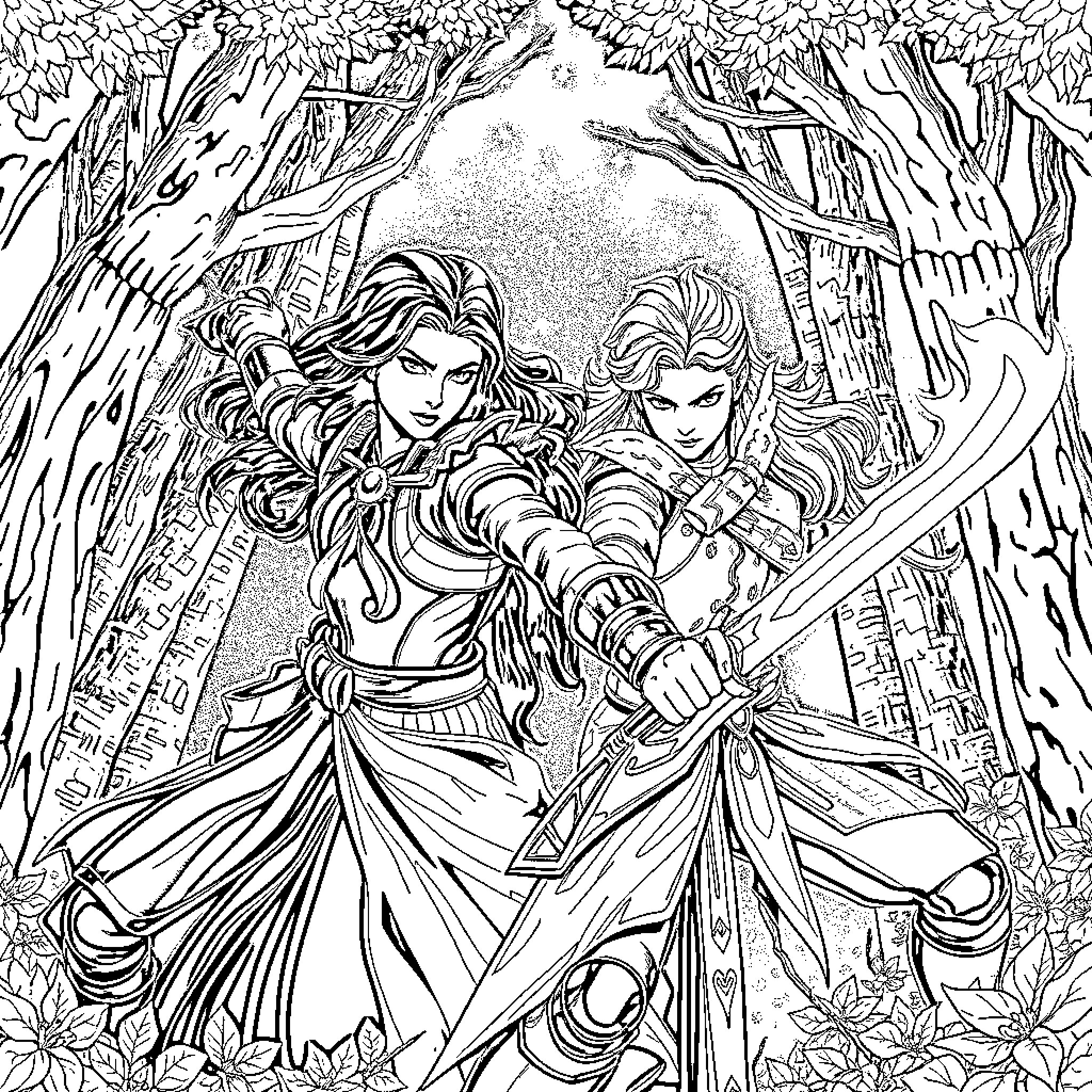 Feyre's Heroic Fantasy Adventure in the Enchanted Forest Coloring Page (free black-and-white line drawing printable PDF for all, from beginners to advanced learners, including children, teens, adults, and seniors)