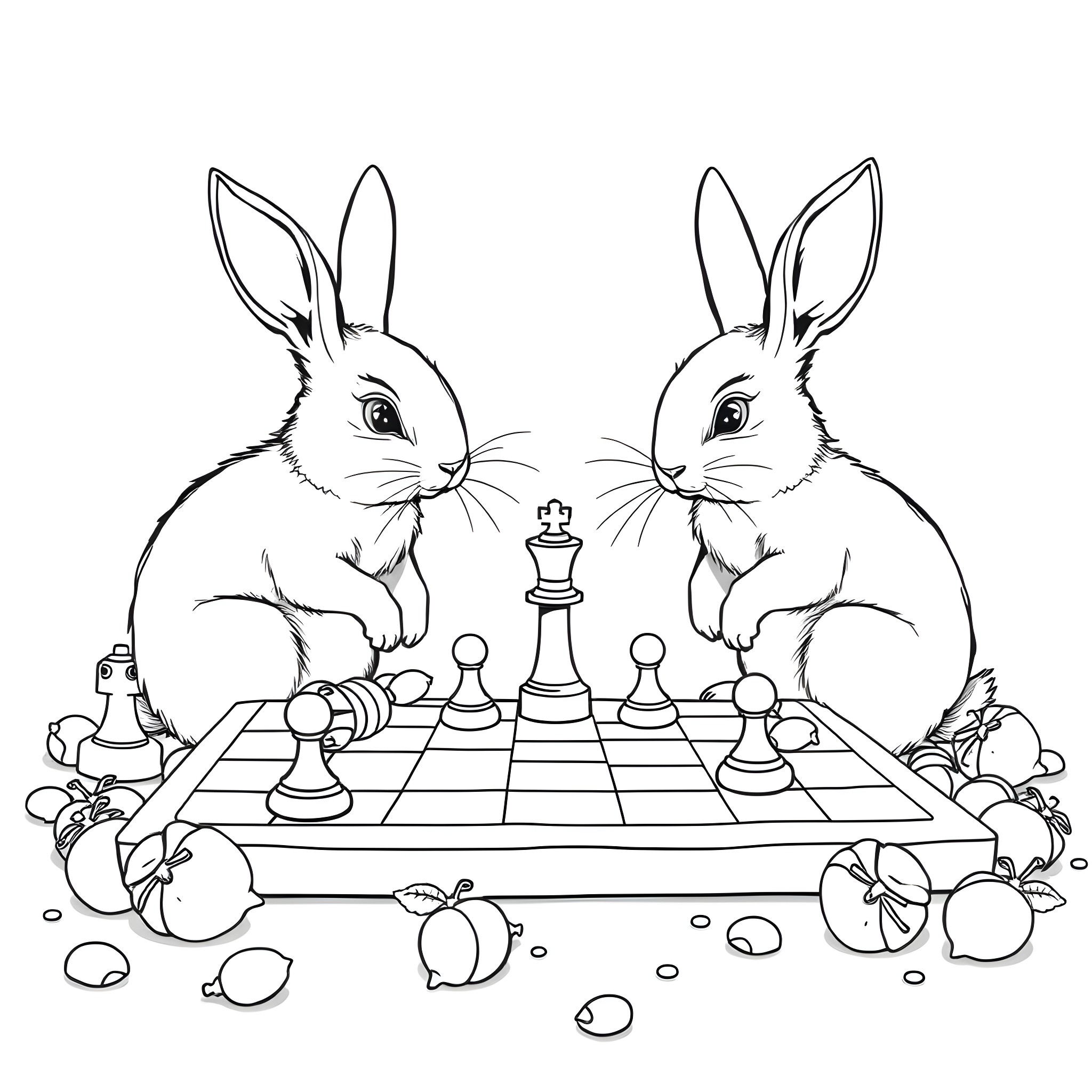 Bunny chess game in the garden Coloring Page (free black-and-white line drawing printable PDF for all, from beginners to advanced learners, including children, teens, adults, and seniors)
