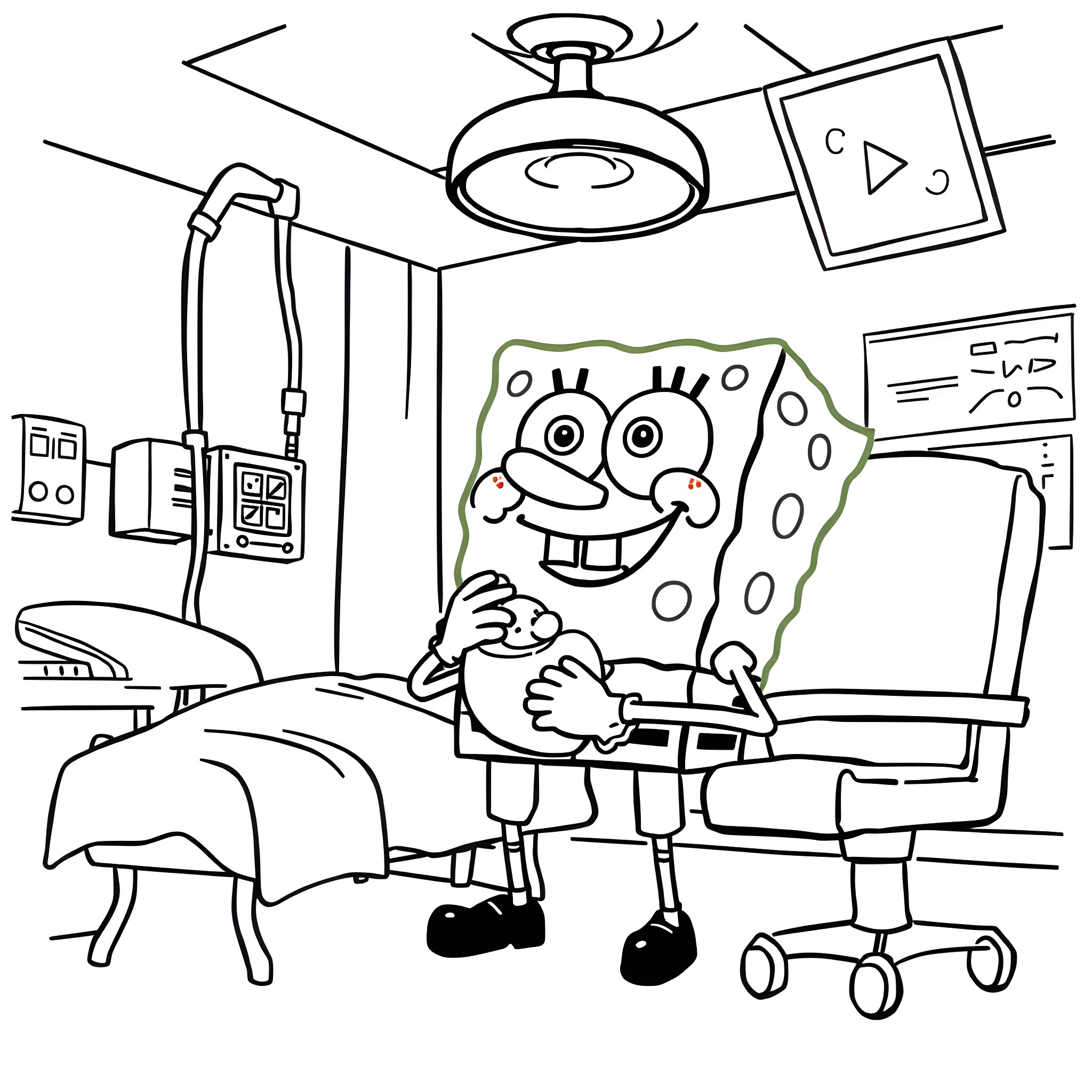 Spongebob in a hospital room Coloring Page (free black-and-white line drawing printable PDF for all, from beginners to advanced learners, including children, teens, adults, and seniors)