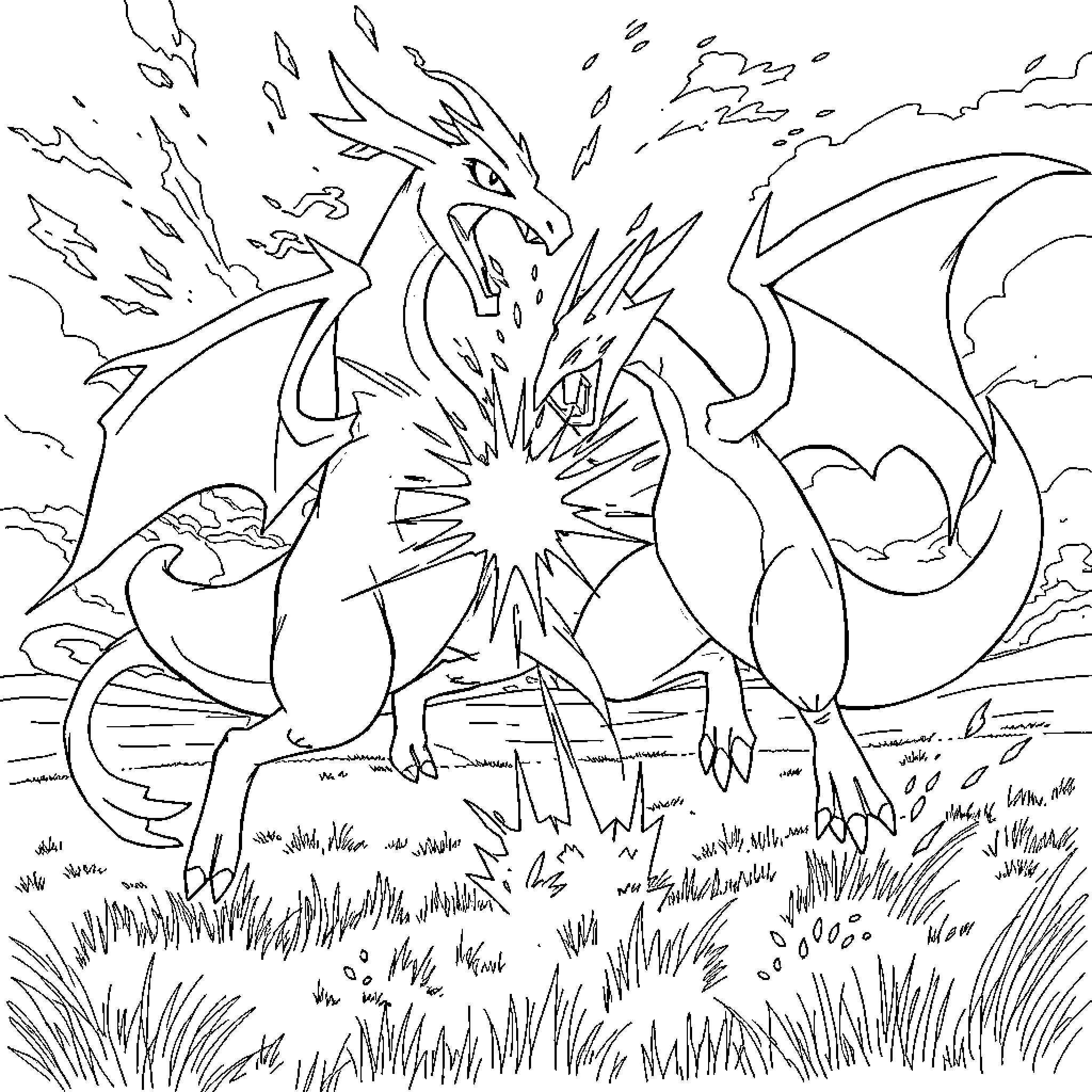 Mewtwo's Powerful Transformation in the Wilderness Coloring Page (free black-and-white line drawing printable PDF for all, from beginners to advanced learners, including children, teens, adults, and seniors)