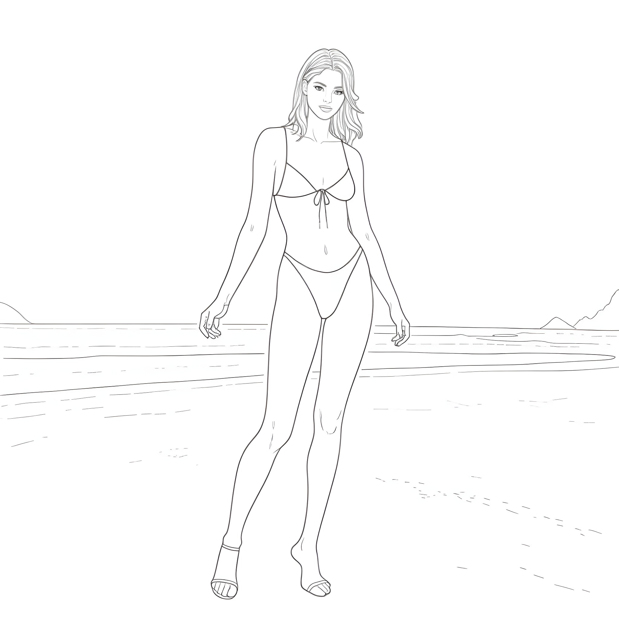 Model in Swimsuit Walking on Beach Coloring Page (free black-and-white line drawing printable PDF for all, from beginners to advanced learners, including children, teens, adults, and seniors)
